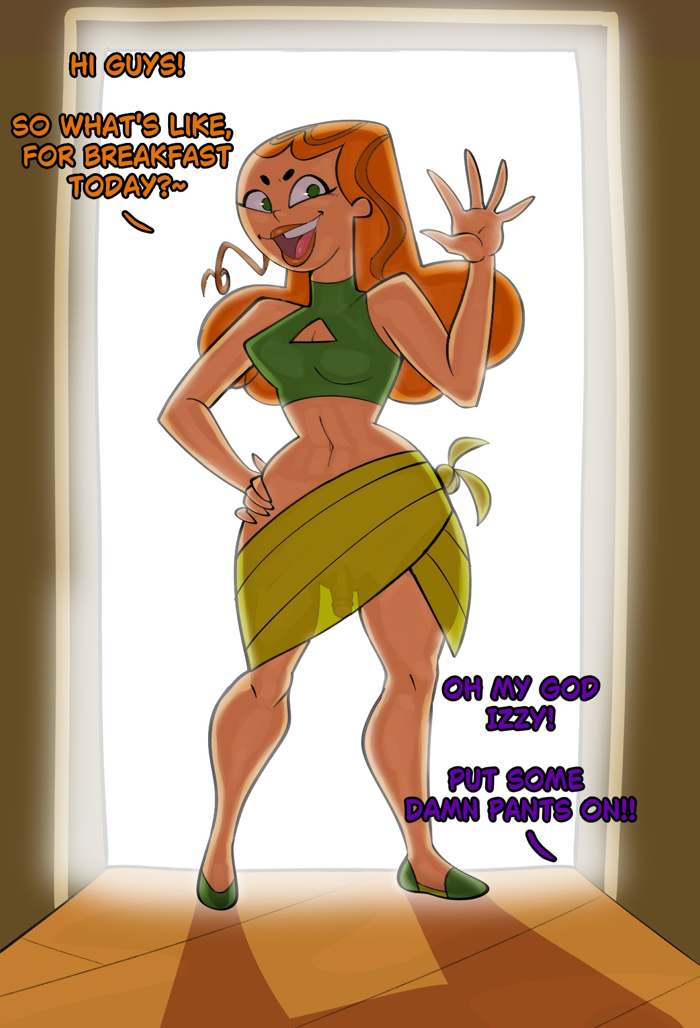 casual exposure, crop top, dialogue, dickgirl, doorway, english text, flaccid, flaccid penis, futa only, futanari, going commando, green eyes, guillion (toshkarts), hand on hip, izzy (tdi), long hair, orange hair, penis, skirt, smile, smiling, total drama island, waving, wide hips