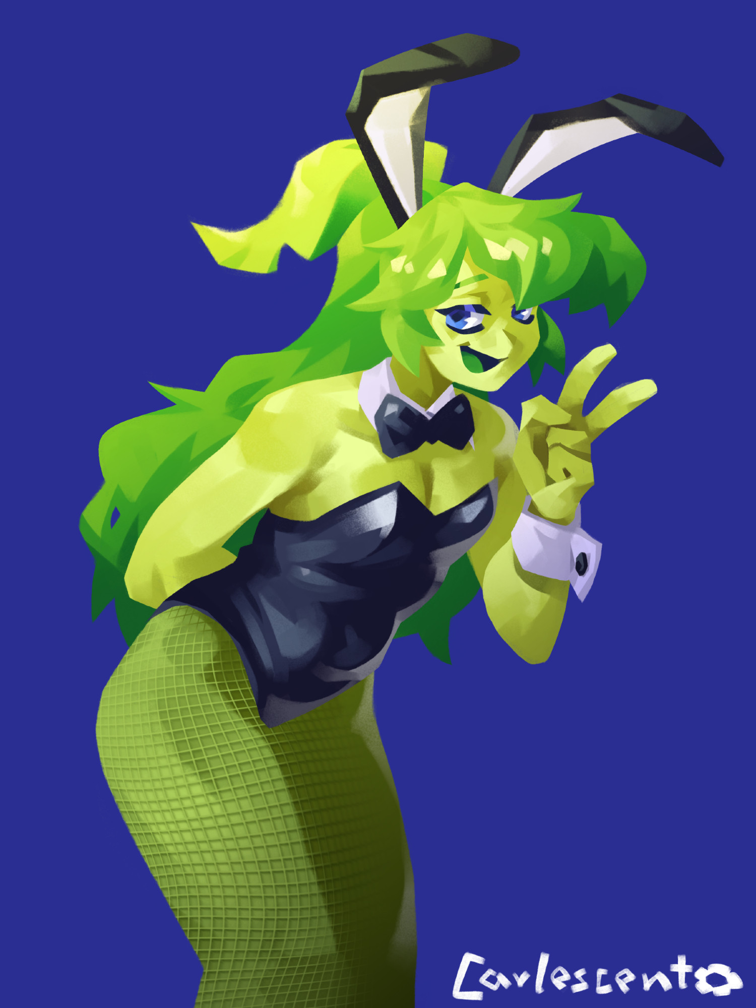 2d, 2d (artwork), blue background, blue eyes, bow, bunny costume, bunny ears, bunnysuit, carlemiz1, eyelashes, female, female only, fishnet, fishnet legwear, fishnets, flora fauna, green body, green hair, green skin, hey1mjay, jayden (hey1mjay), latex, latex clothing, leaning forward, long hair, oc, peace sign, plant girl, plant humanoid, plantie, plants vs zombies, plants vs. zombies, playboy bunny, pvz, simple background, youtube, youtuber, youtuber character, youtuber girl, youtuber sona