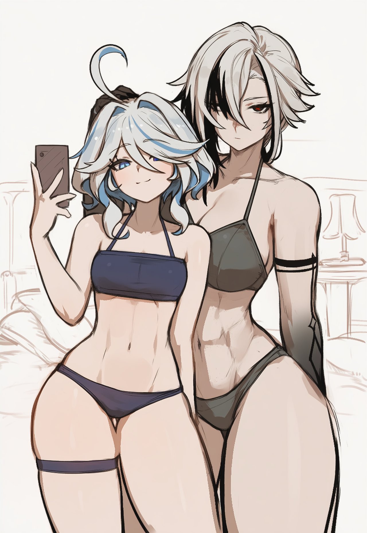 2d, 2d (artwork), 2girls, abs, ai generated, arlecchino (genshin impact), athletic, athletic female, bedroom, big breasts, black hair, blue hair, bra, breasts, fit, fit female, front view, furina (genshin impact), genshin impact, high resolution, highres, holding object, holding phone, hourglass figure, hoyoverse, indoors, light skin, light-skinned female, looking at viewer, mature, mature female, panties, selfie, short hair, sidillusts, simple background, slim girl, slim waist, small breasts, smiling, smiling at viewer, standing, thigh gap, thighs, thong, two-tone hair, underwear, white background, white hair, young, younger female