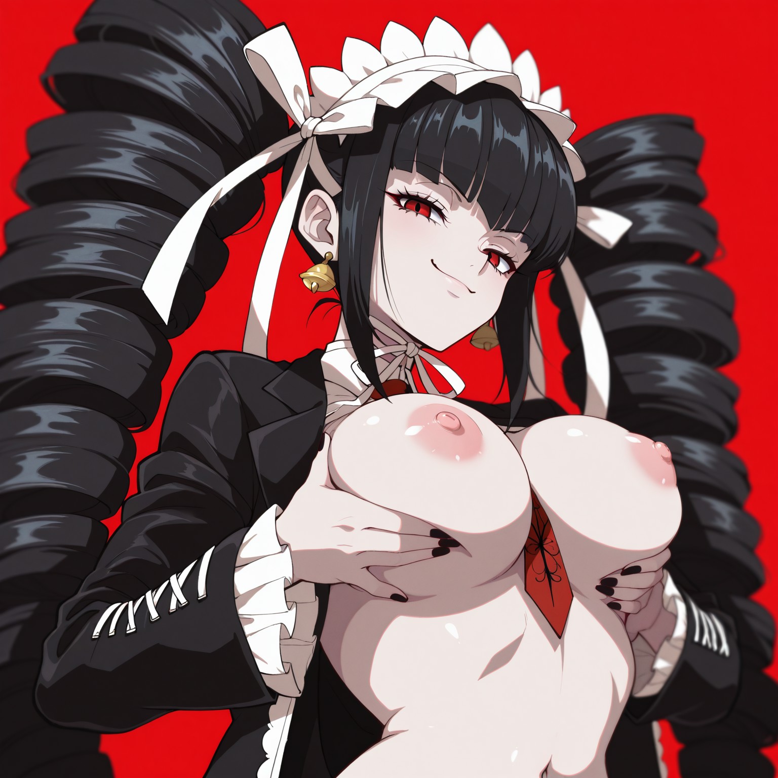 1girls, ai generated, bouncing breasts, breasts out, brocolibaron, celestia ludenberg, curvy, curvy figure, danganronpa, female, female only, hands on breasts, high school student, holding breast, seductive, sexy, shirt lift, smirk, solo, teenage girl, teenager