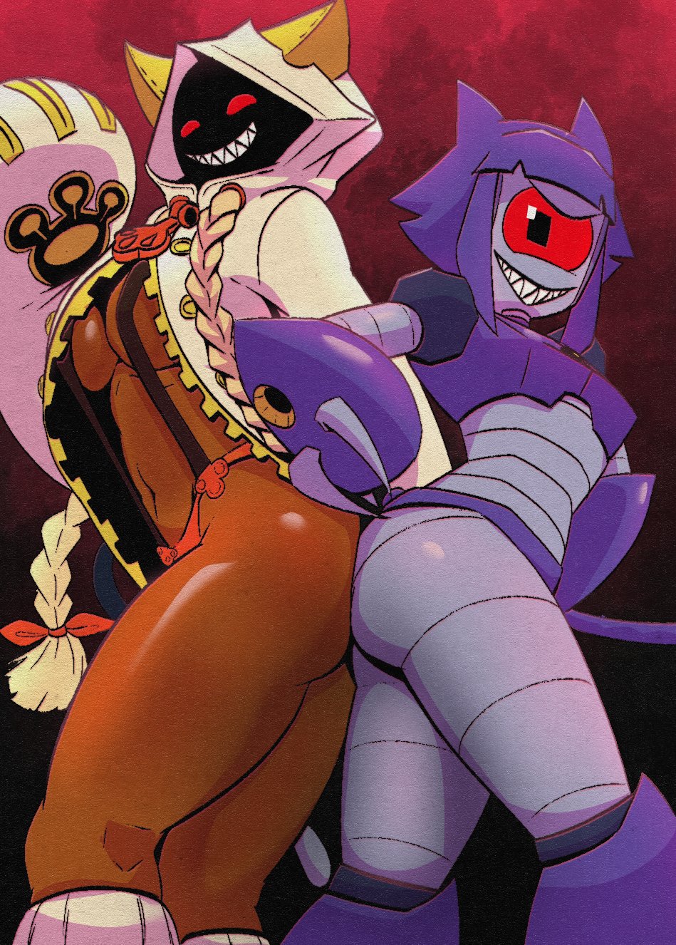 2girls, blazblue, braided hair, catgirl, chaossus, crossover, dark skin, dark-skinned female, eastern and western character, gameoverse, large ass, large breasts, malice (gameoverse), one eye, robot cat, robot girl, robot humanoid, sharp teeth, taokaka, twin braids