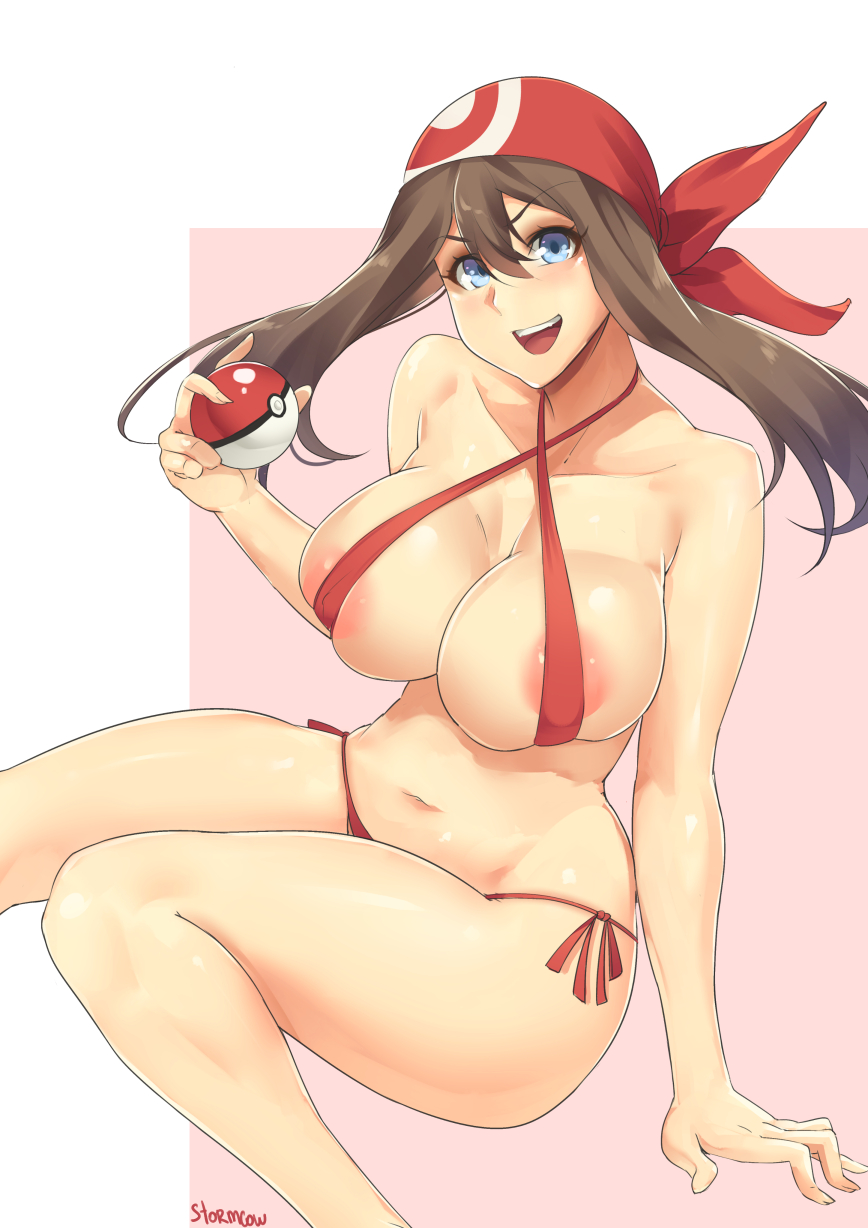 1girls, alternate breast size, areolae, artist name, ass, bare shoulders, belly, big ass, big breasts, bikini, blue eyes, bocas top, breasts, brown hair, cleavage, criss-cross halter, eyelashes, female, female only, halter top, halterneck, holding, hourglass figure, human, human only, large breasts, long hair, looking at viewer, may (pokemon), midriff, navel, nintendo, open mouth, pink background, poke ball, pokemon, pokemon rse, red bikini, short hair, side-tie bikini, sideboob, sitting, smile, solo, stormcow, swimsuit, teeth, text, tongue, white border, wide hips