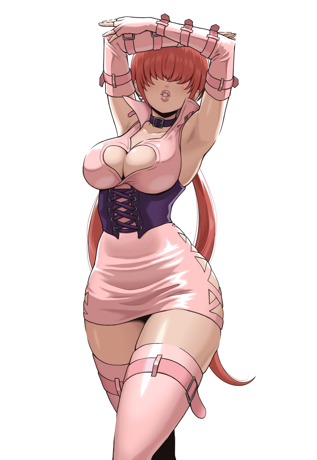 1girls, big breasts, boob window, busty, busty female, cleavage, cleavage cutout, collar, curvy, dress, female, female only, huge breasts, king of fighters, kkzk61539201, latex, light skin, light-skinned female, pale skin, pale-skinned female, ponytail, shermie (kof), short dress, skirt, standing, thick, thick thighs, thighs, tight clothing, twintails, wide thighs