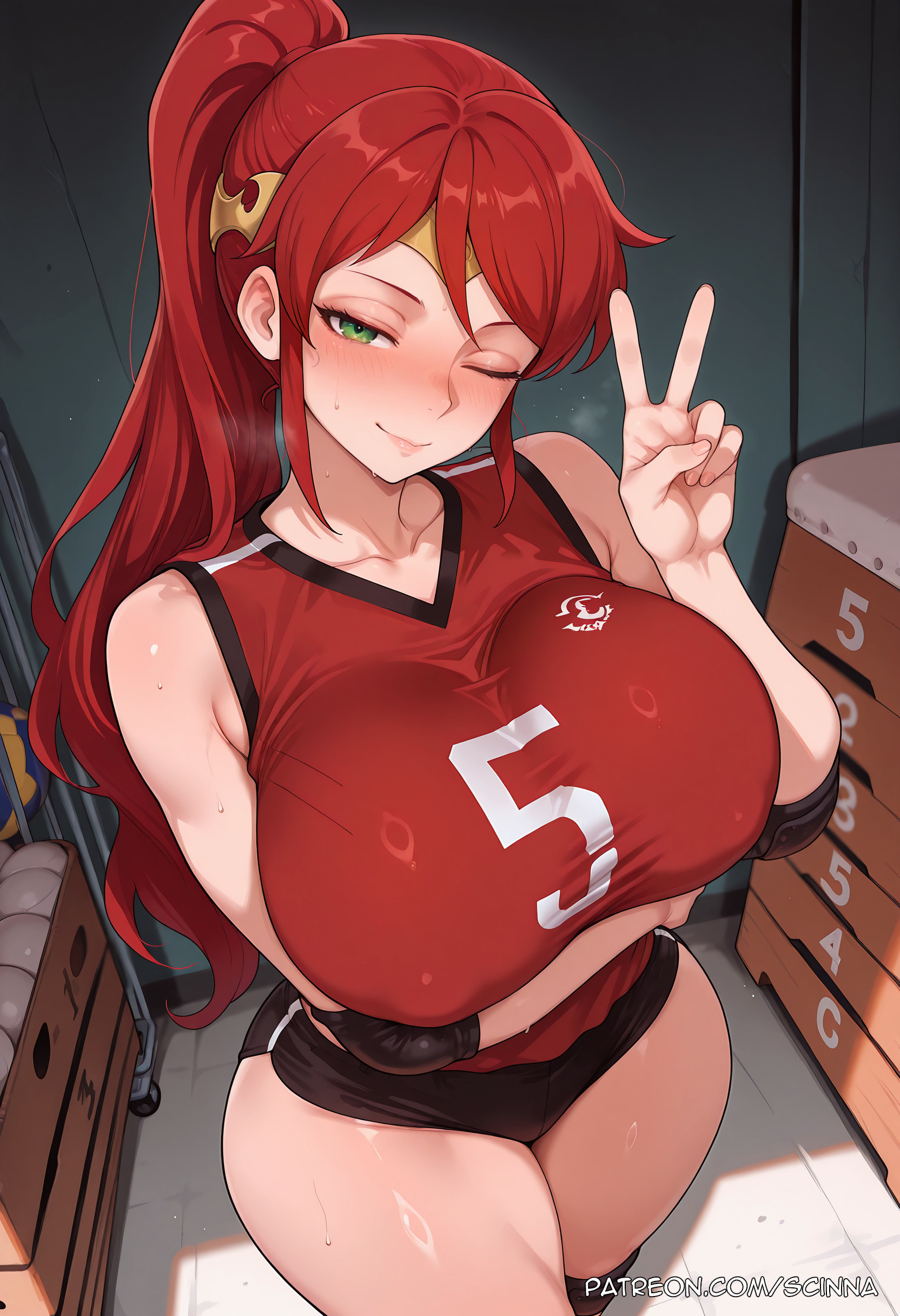 ai generated, blush, breasts, covered nipples, curvaceous, curvaceous body, curvy, curvy body, curvy female, female, green eyes, huge breasts, long hair, looking at viewer, one eye closed, ponytail, pyrrha nikos, red hair, rwby, scinna, self upload, short shorts, shorts, smile, solo, stable diffusion, thighs, v, voluptuous, voluptuous body, voluptuous female