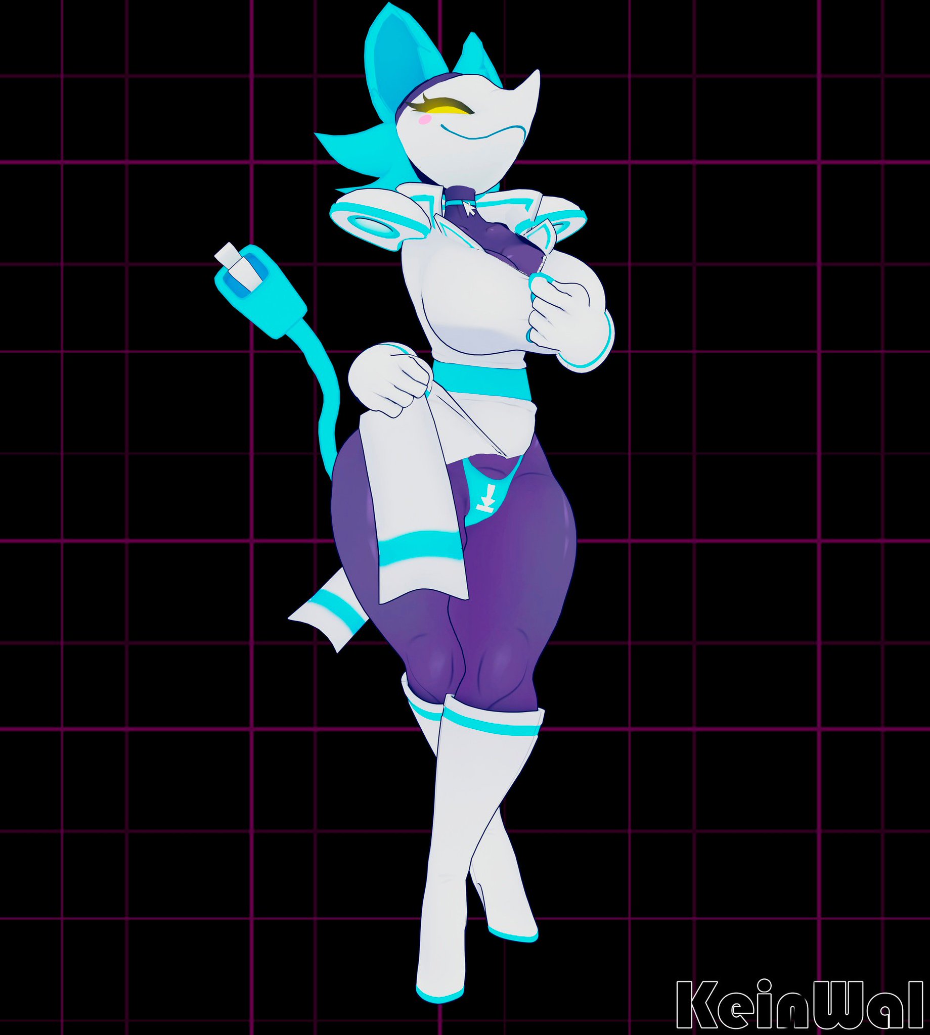 1girls, 3d, 3d (artwork), 3d model, anthro, breasts, cat ears, cat tail, catgirl, deltarune, deltarune chapter 2, female, furry, image, kein wal, malicious smile, panties, robot, robot girl, suggestive, suggestive look, tagme, tail, tasque manager (cryptiacurves), tasque manager (deltarune), thighs, watermark