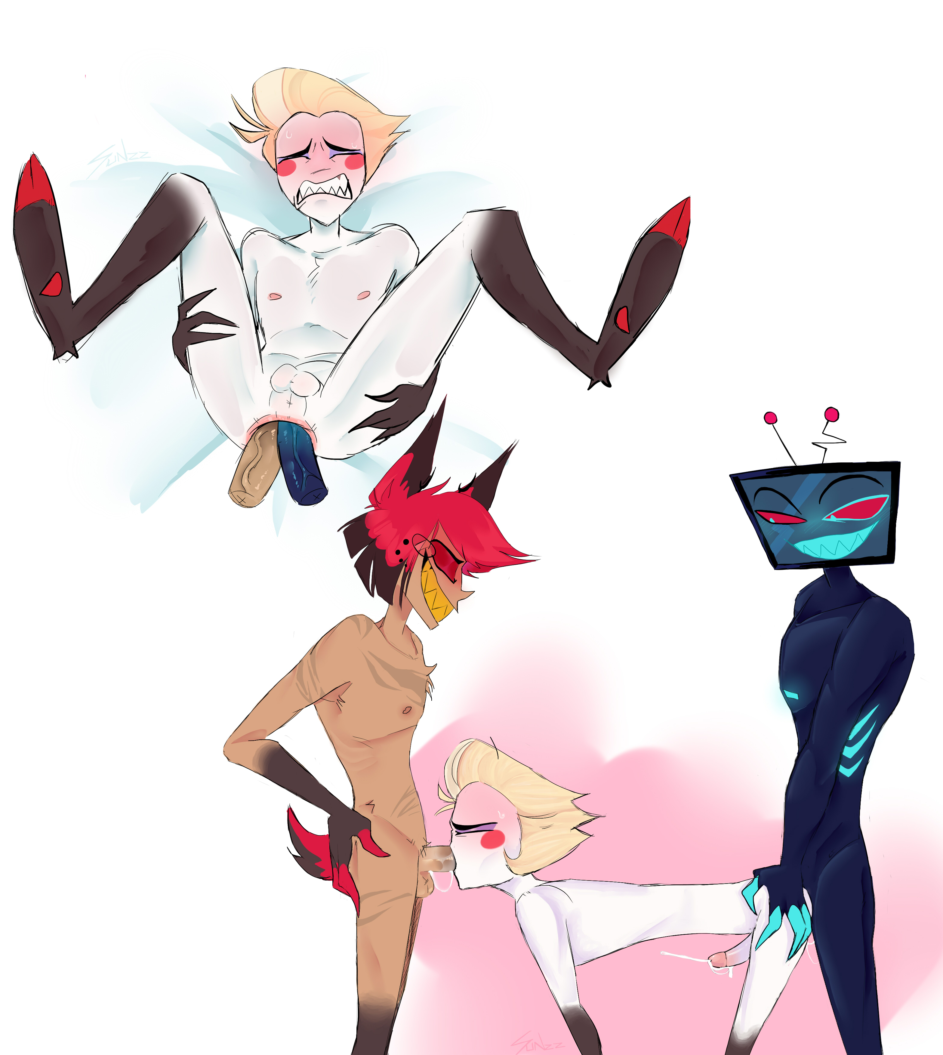 3boys, alastor (hazbin hotel), ass focus, blonde hair, blush, blush lines, bright colors, cum in mouth, cumming while penetrating, deer tail, ears up, gay, grabbing own ass, hazbin hotel, hellaverse, lucifer morningstar (hazbin hotel), monocle, penetration, penis, red hair, smiling, sucking, sucking penis, sunzz, tv head, vox (hazbin hotel), white skin, yellow teeth