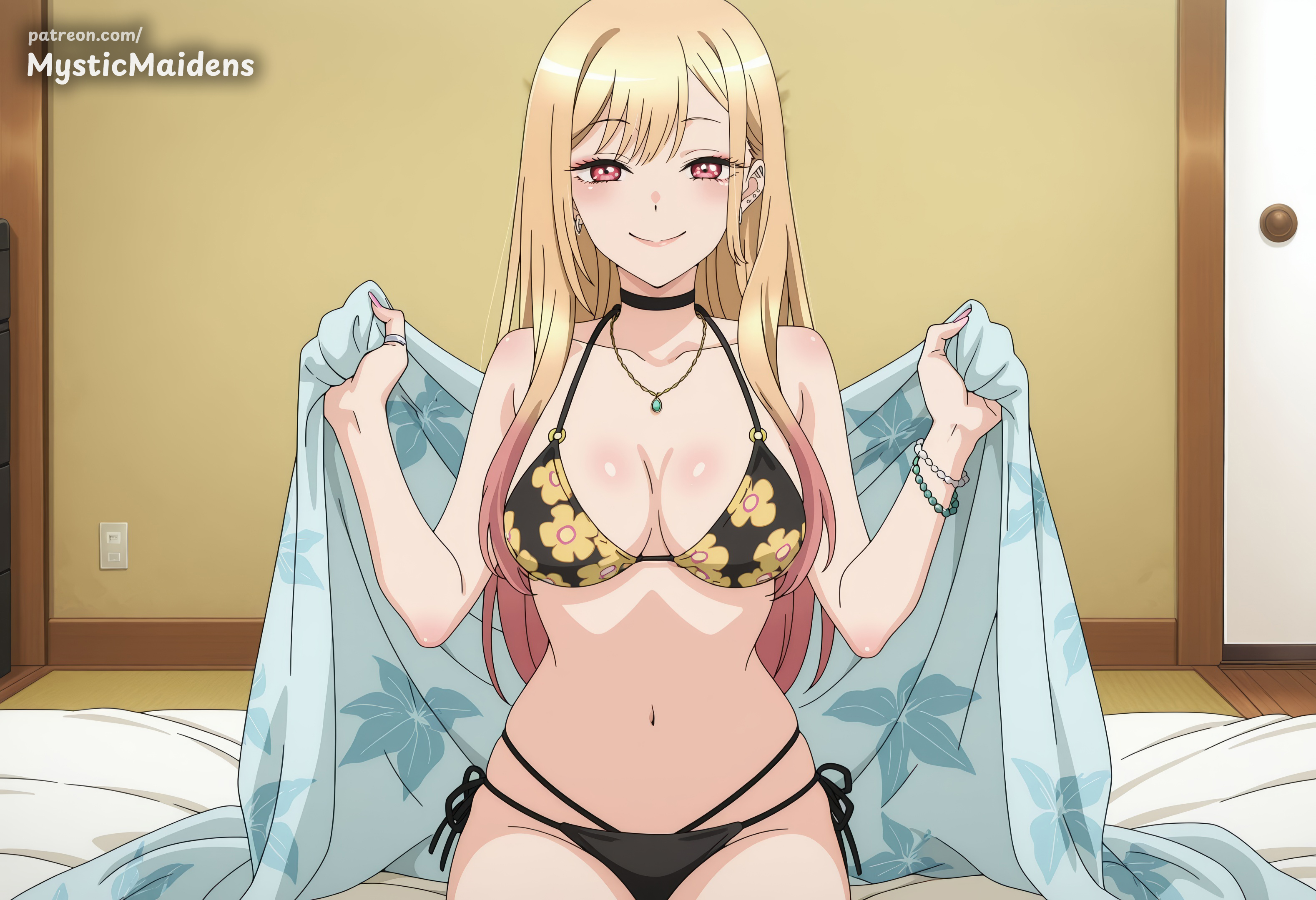 ai generated, anime, anime style, barbell piercing, beads, bikini, black bikini, black choker, blonde hair, blush, bracelet, breasts, choker, cleavage, closed mouth, collarbone, ear piercing, earrings, female, floral print, gyaru, hentai, hi res, indoors, jewelry, kitagawa marin, large breasts, long hair, looking at viewer, marin, marin kitagawa, multi-strapped bikini bottom, multicolored hair, my dress up darling, mystic maidens, navel, necklace, patreon, patreon username, piercing, print bikini, red eyes, side-tie bikini bottom, sitting, smile, solo, sono bisque doll wa koi wo suru, string bikini, swimsuit
