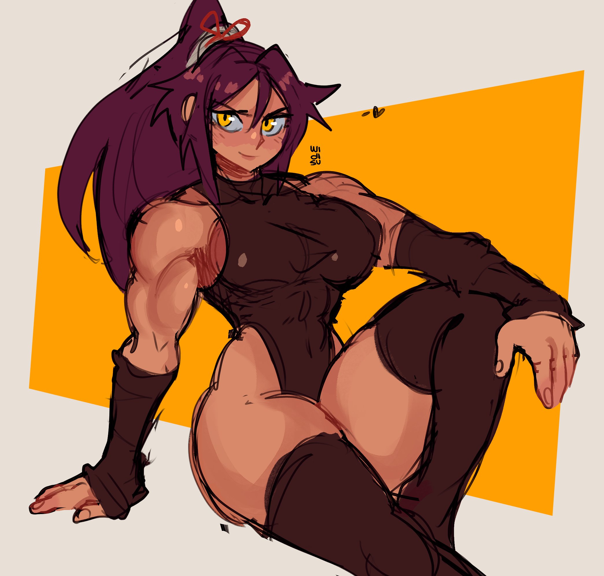 1girls, armwear, black armwear, black legwear, black leotard, bleach, bleach: the thousand-year blood war, curvy, curvy female, curvy figure, dark skin, dark-skinned female, female, female only, legwear, leotard, p, purple hair, shihouin yoruichi, solo, tagme, thick thighs, thighhighs, thin waist, tongue, tongue out, wide hips, widisu, yellow background, yellow eyes