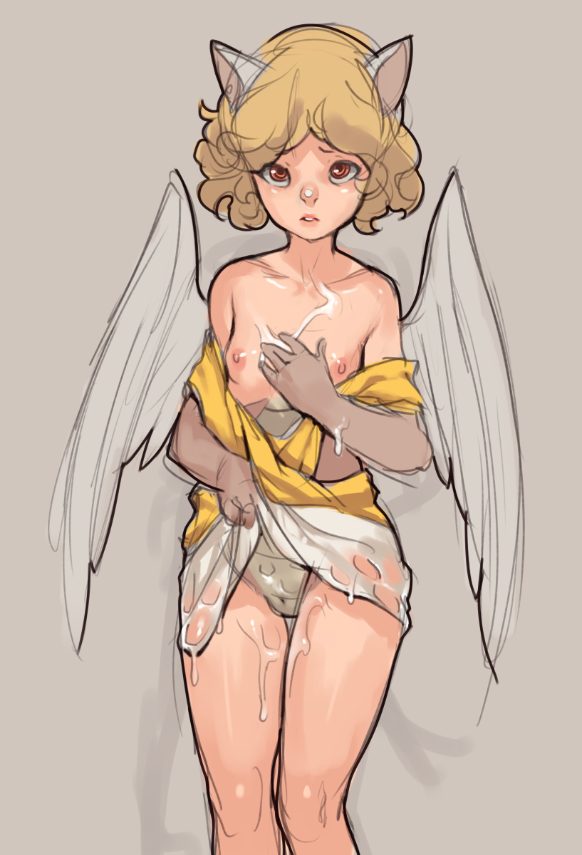 animal ears, breasts, cat ears, cum, cum on body, cum on clothes, cum on lower body, cum on upper body, female, lifting, looking at viewer, nipples, norasuko, orange hair, original, original character, panties, pointy ears, simple background, sketch, small breasts, solo, standing, unnamed character, wings