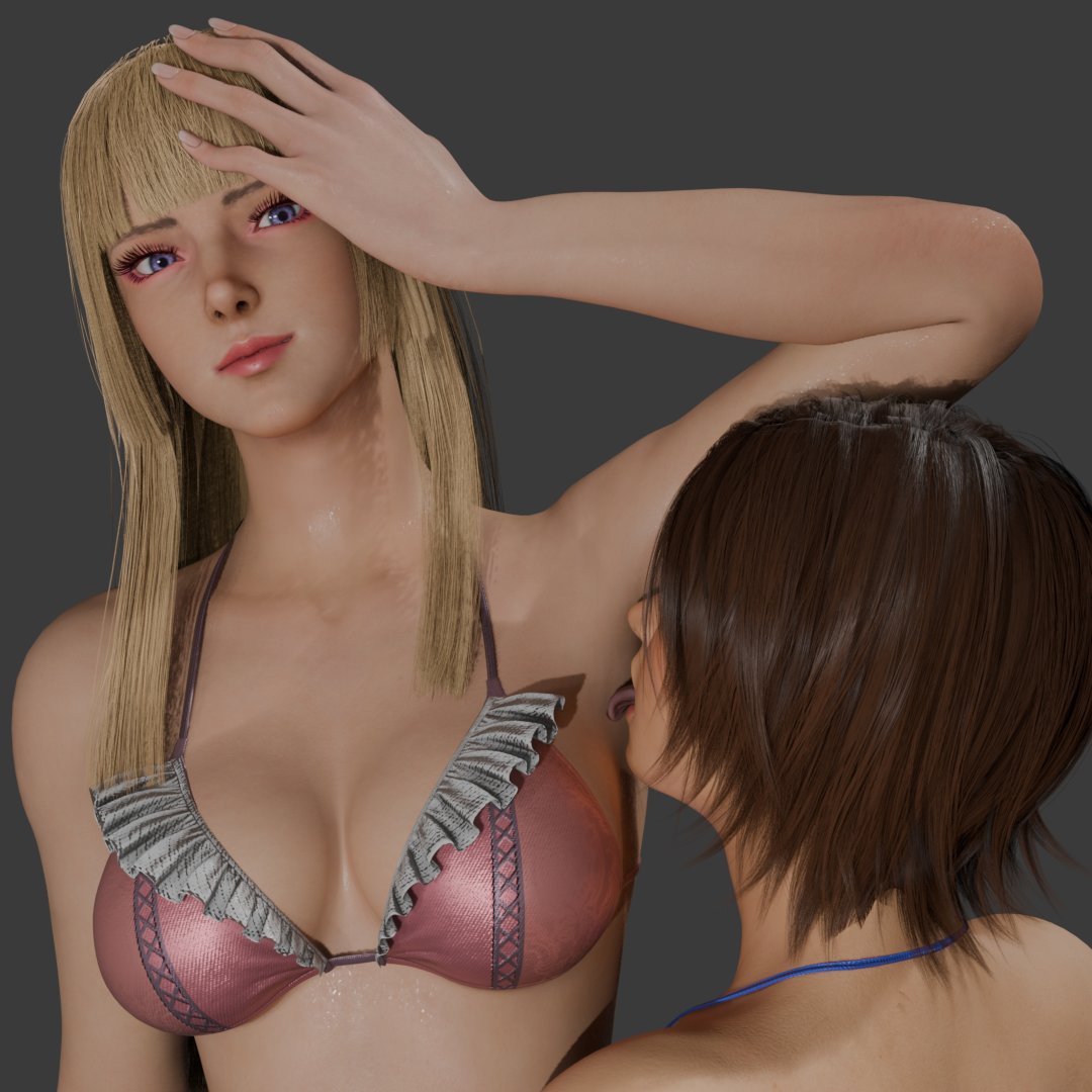 2girls, 3d, 3d (artwork), armpit, armpit fetish, armpits, bakushin o armpit gif (meme), blonde hair, blue eyes, breasts, brown hair, emilie de rochefort, espressowave, fe, female, female only, female/female, hand on head, kazama asuka, licking armpit, light skin, light-skinned female, long hair, raised arm, short hair, tekken, tekken 8, tongue out, yuri