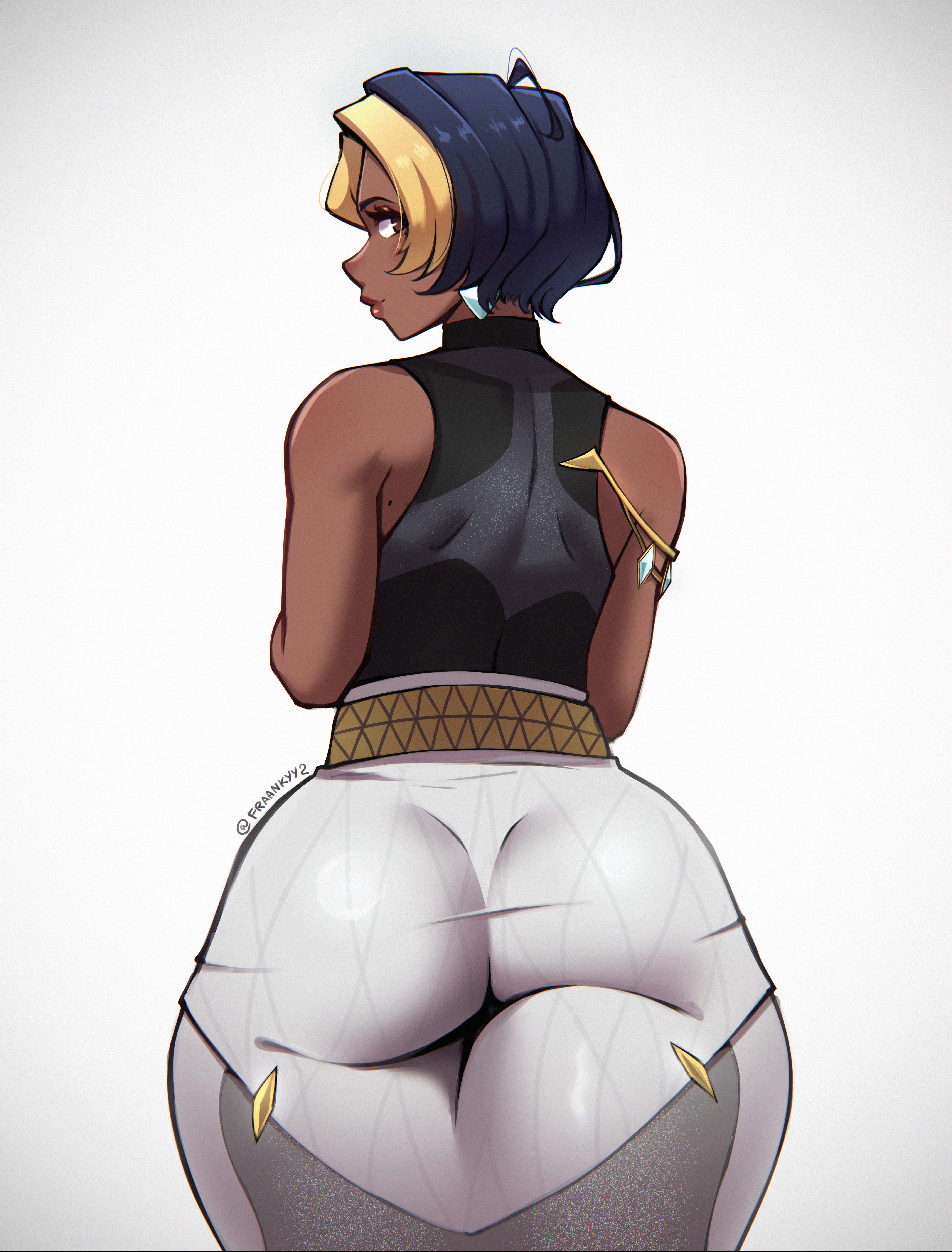 1girls, 2026, 2d, 2d (artwork), artist name, back view, big ass, big butt, blizzard entertainment, bottom heavy, brown eyes, butt, butt focus, clothed, clothed female, dark skin, dark-skinned female, domina, dommy mommy, ear piercing, earrings, fraankyy, human, human only, indian, indian female, lipstick, mature female, mole, multicolored hair, overwatch, paag, pencil skirt, questionable, realistic proportions, short hair, simple background, sleeveless, slight smile, solo, solo female, thick ass, thick thighs, white background, wide hips