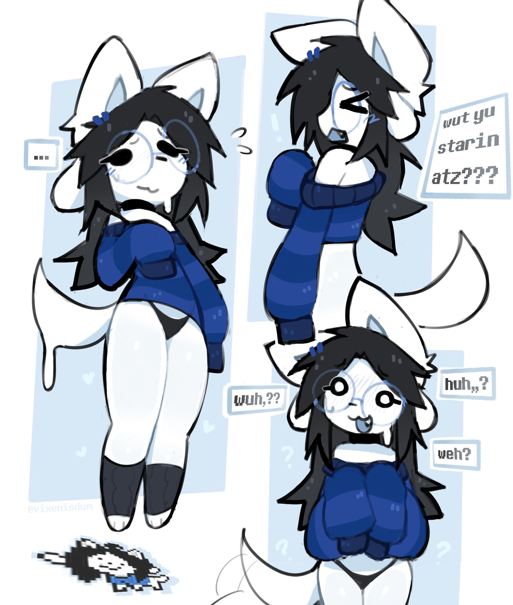 ?, ??, ???, ..., black hair, black panties, furry, furry female, furry only, glasses, huh?, panties, round glasses, solo, solo female, sweater, tail, temmie, temmie (undertale), text, text box, text bubble, undertale, vixenisdum, white body, white fur