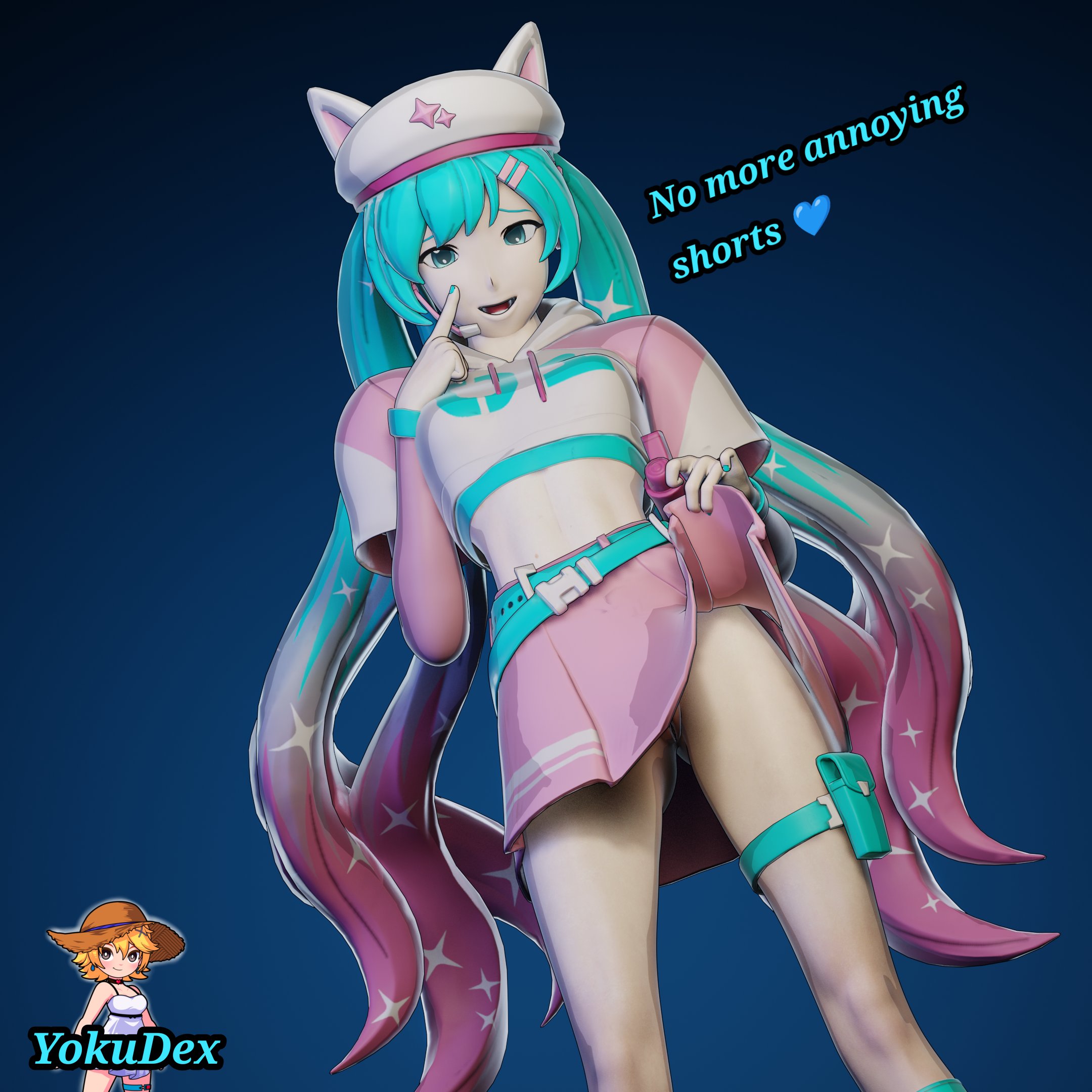 2girls, 3d, 3d (artwork), 3d render, aqua eyes, aqua hair, aqua nails, ass visible through thighs, bangs, belt, blender, blonde hair, blue background, blue hair, blue nails, bracelet, breasts, clothes lift, crop top, english text, feet out of frame, female, fortnite, gradient, gradient hair, hair ornament, hairclip, hat, hatsune miku, hatsune miku (fortnite), heart, hood, hood down, hoodie, jewelry, long hair, looking at viewer, miniskirt, multicolored hair, multiple girls, nail polish, neko, no panties, open mouth, pink belt, pink hair, pink skirt, pussy, ring, see-through, short sleeves, skirt, skirt lift, smile, solo focus, standing, thigh strap, twintails, very long hair, vocaloid, yokudex