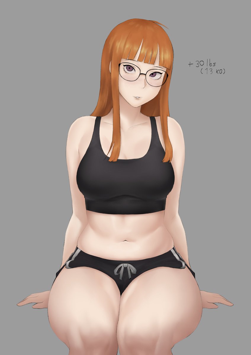 1girls, bangs, bare shoulders, belly, belly button, breasts, brown eyes, covered nipples, female, female only, glasses, hips, huge thighs, long hair, meruzis, neet, neet girl, orange hair, persona, persona 5, persona 5 royal, red hair, sakura futaba, short shorts, shorts, simple background, sitting, sleeveless, slightly chubby, solo, thick thighs, thighs, tummy, wide hips