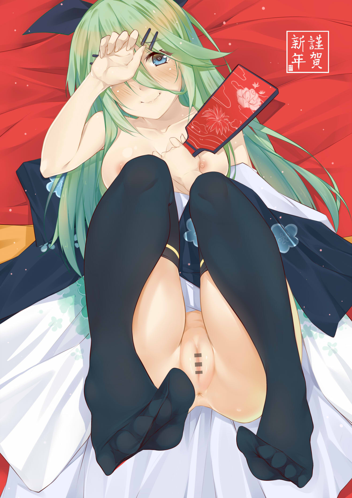 anus b3b bar_censor black_bow black_legwear blue_eyes bow breasts censored covering_face female floral_print green_hair hagoita hair_between_eyes hair_ornament hairbow hairclip heart heart-shaped_pupils highres holding japanese_clothes kantai_collection kimono long_hair lying medium_breasts nipples on_back paddle pussy smile solo symbol-shaped_pupils thighhighs wavy_mouth yamakaze_(kantai_collection)