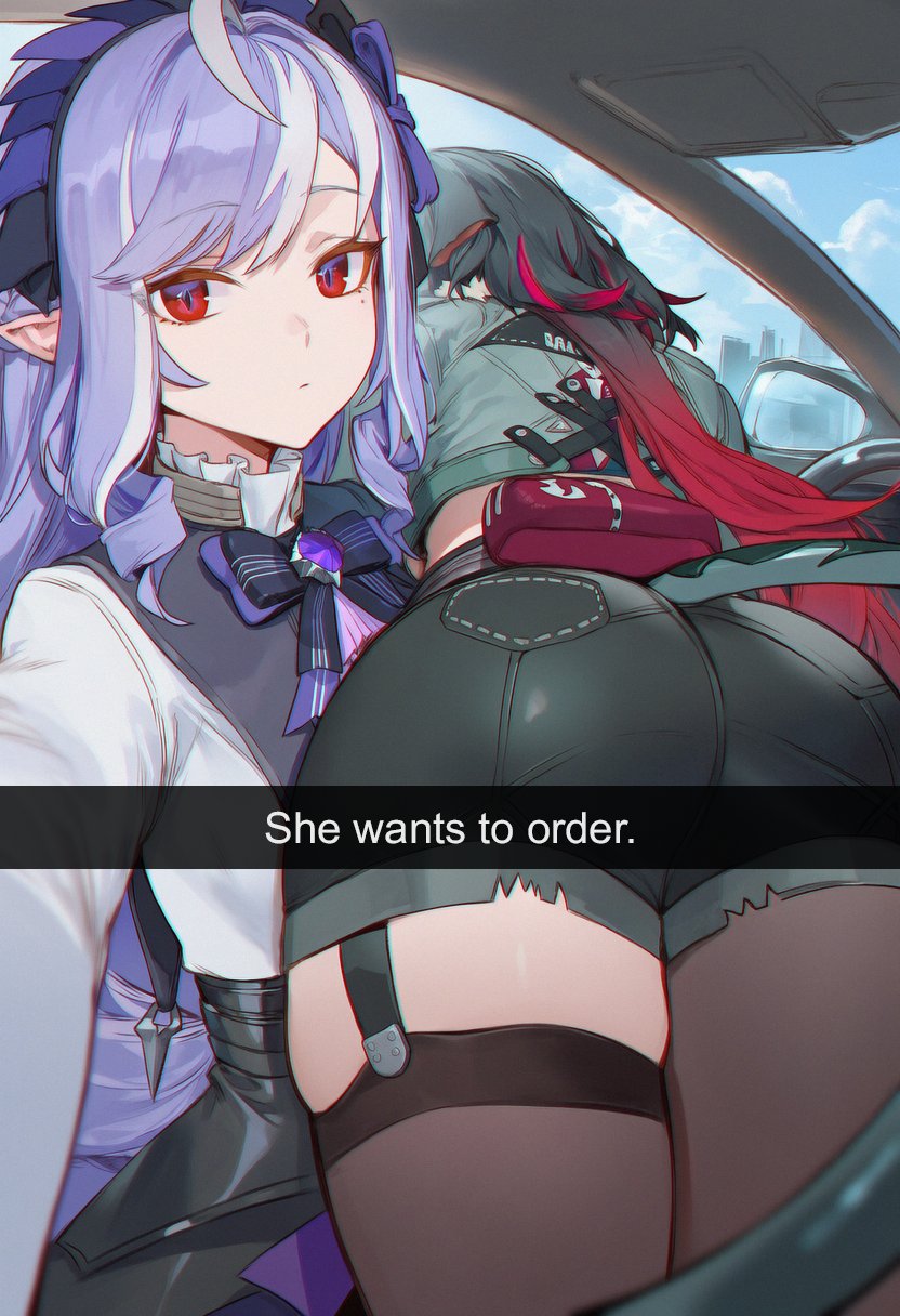 2026, 2girls, ai, ai generated, animal tail, ass, back, back view, big ass, black hair, closed mouth, clothed, clothing, color, colored, digital media (artwork), emotionless, esthelmanga, female, female only, fully clothed, hair, hi res, hoyoverse, jane doe (zenless zone zero), legs, legwear, light skin, light-skinned female, long hair, looking at viewer, meme, meme reference, mihoyo, multicolored hair, purple hair, rat tail, red eyes, red hair, reference, reference image, she wants to order, tail, thick ass, thick thighs, thighs, video game character, video games, vivian banshee, zenless zone zero