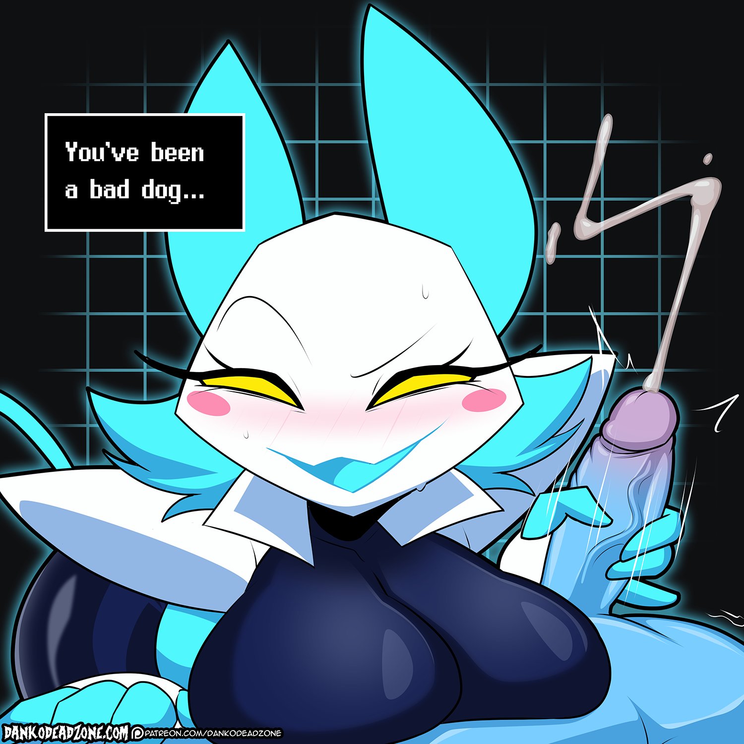 1boy, 1girls, 2d, anthro, big breasts, blue skin, blush, bodily fluids, breast press, breasts, cum, cumshot, dankodeadzone, deltarune, ejaculation, female, genital fluids, genitals, handjob, hi res, kris (dark world form), kris (deltarune), large breasts, machine, male, male/female, penile, penis, repost, reupload, robot, sex, tasque manager (deltarune), twitter link, undertale (series), video games