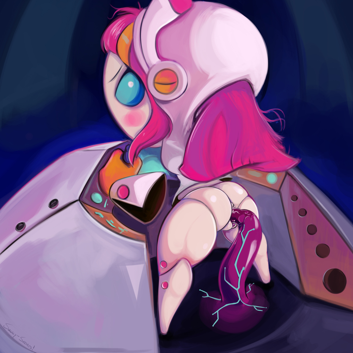 anus, ass, blue eyes, blush, bottomless, female, hairclip, kirby (series), kirby planet robobot, long hair, mouthless, mouthless female, nintendo, pink hair, pussy, saucy-scones, susanna patrya haltmann, susie (kirby), tentacle, vaginal penetration