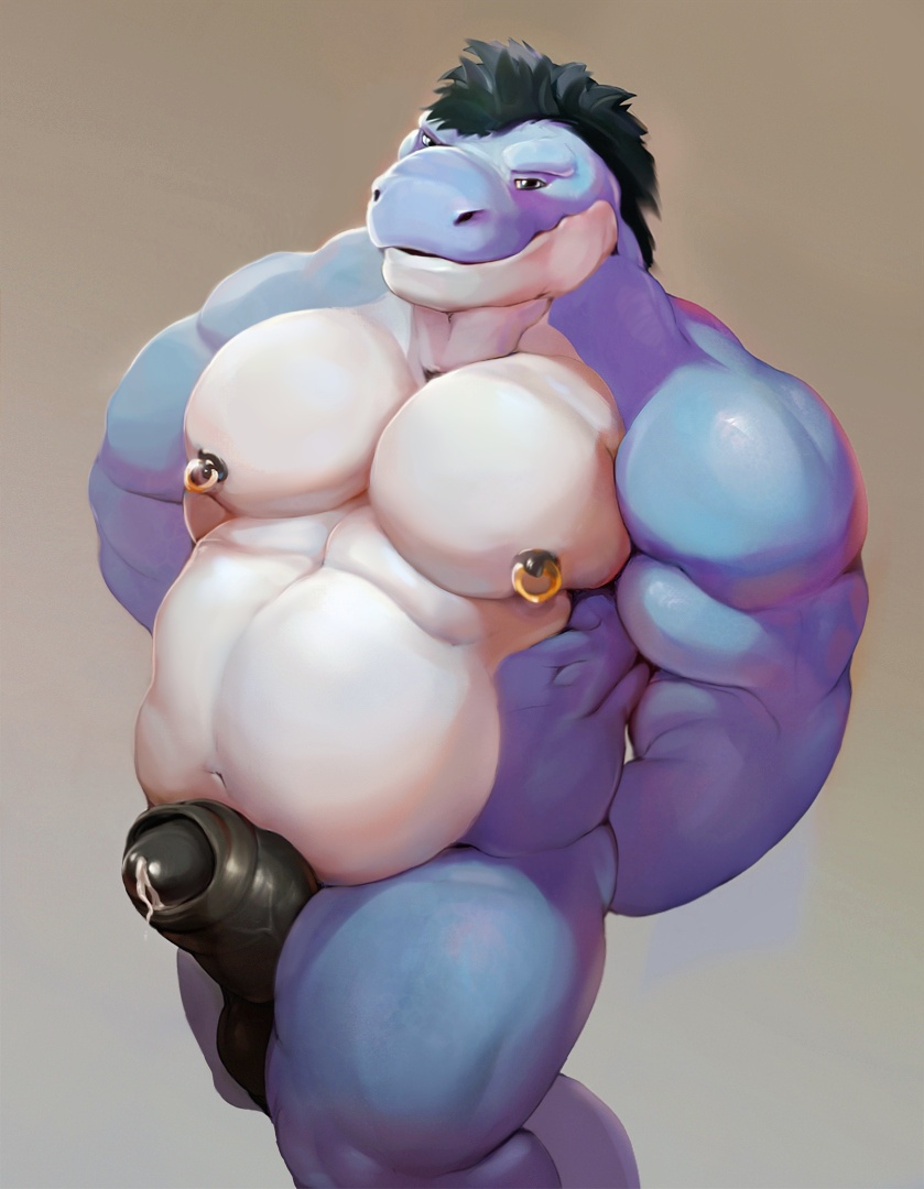 anthro balls big_muscles black_hair cum dinosaur erection hair krokodainer lizzard male male_only musclegut muscular nipple_piercing nipples penis piercing precum scalie solo thick_penis uncut