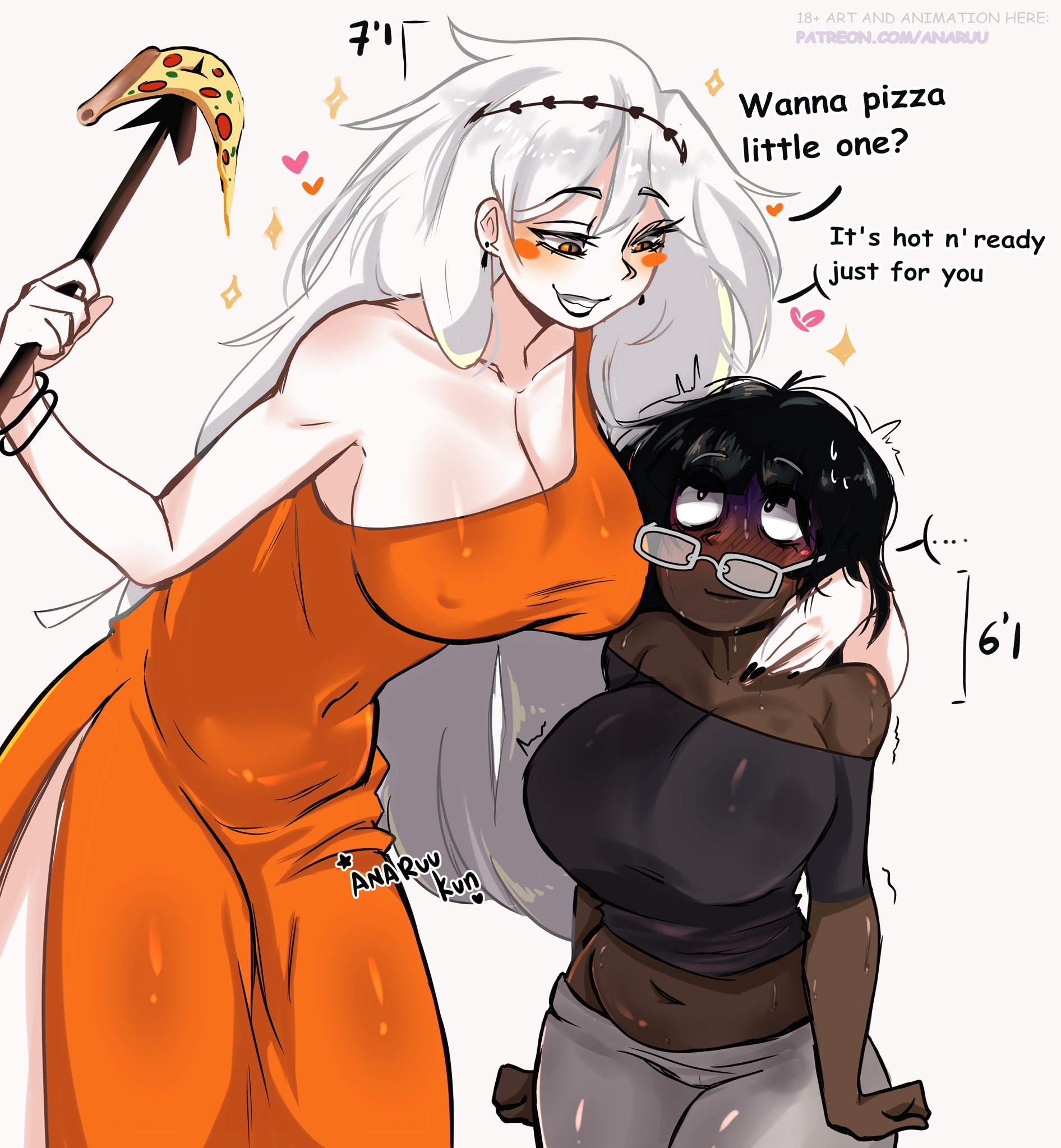2girls, anaru, big breasts, big cleopatra, black fingernails, black hair, blush, dark skin, dark-skinned female, dress, ear piercing, english dialogue, english text, food, glasses, heart, hearts around head, height difference, little caesars, one-shoulder tunic, orange dress, orange eyes, pizza, smile, smiling, spear, tall female, taller, taller female, text, weapon, white hair, white skin, yuri