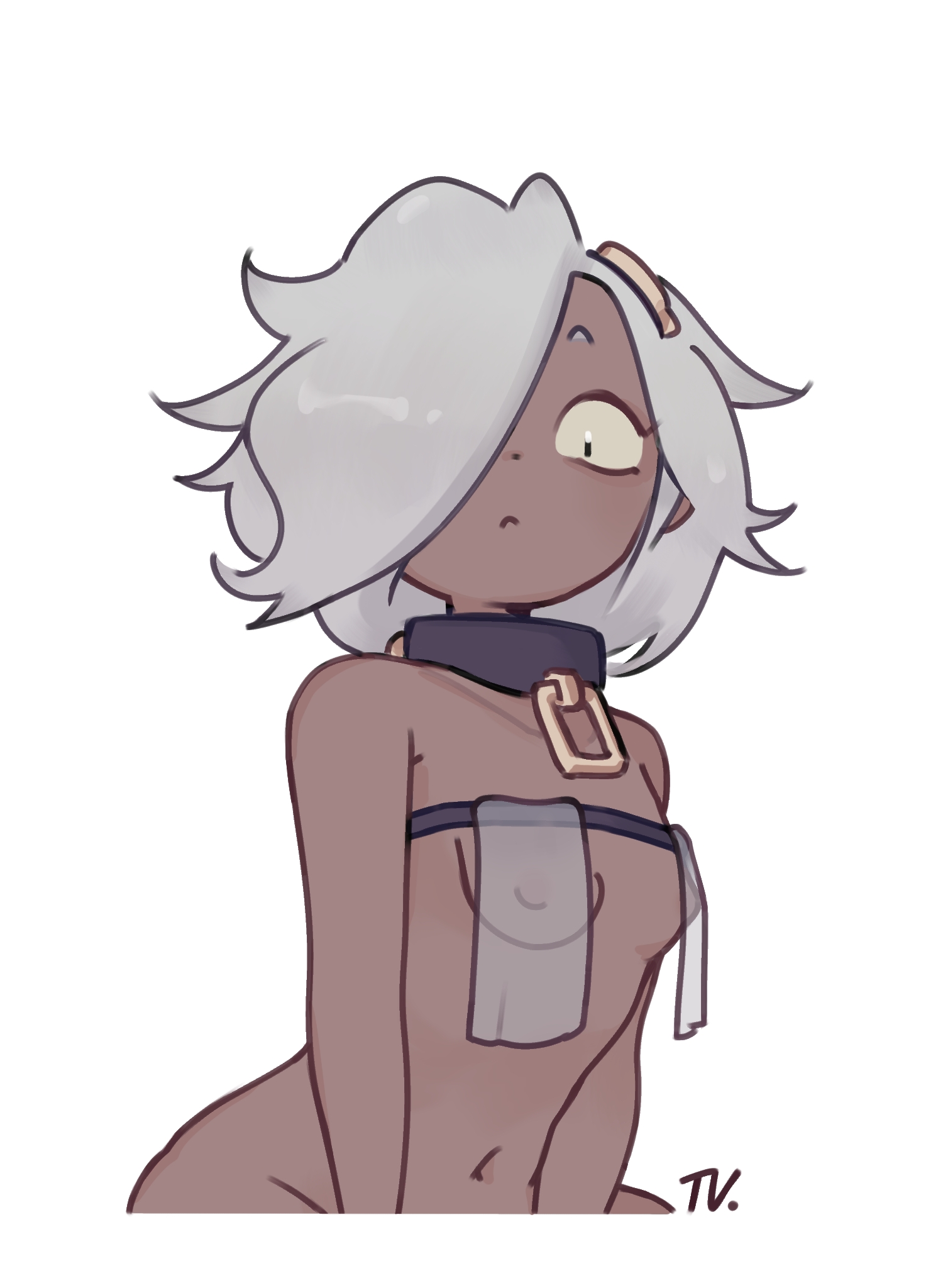 brawl stars, breast curtains, colette (brawl stars), collar, dark skin, female, female only, slave, slave girl, small breasts, translucent, translucent clothing, transparent clothing, tvar, white background, white hair
