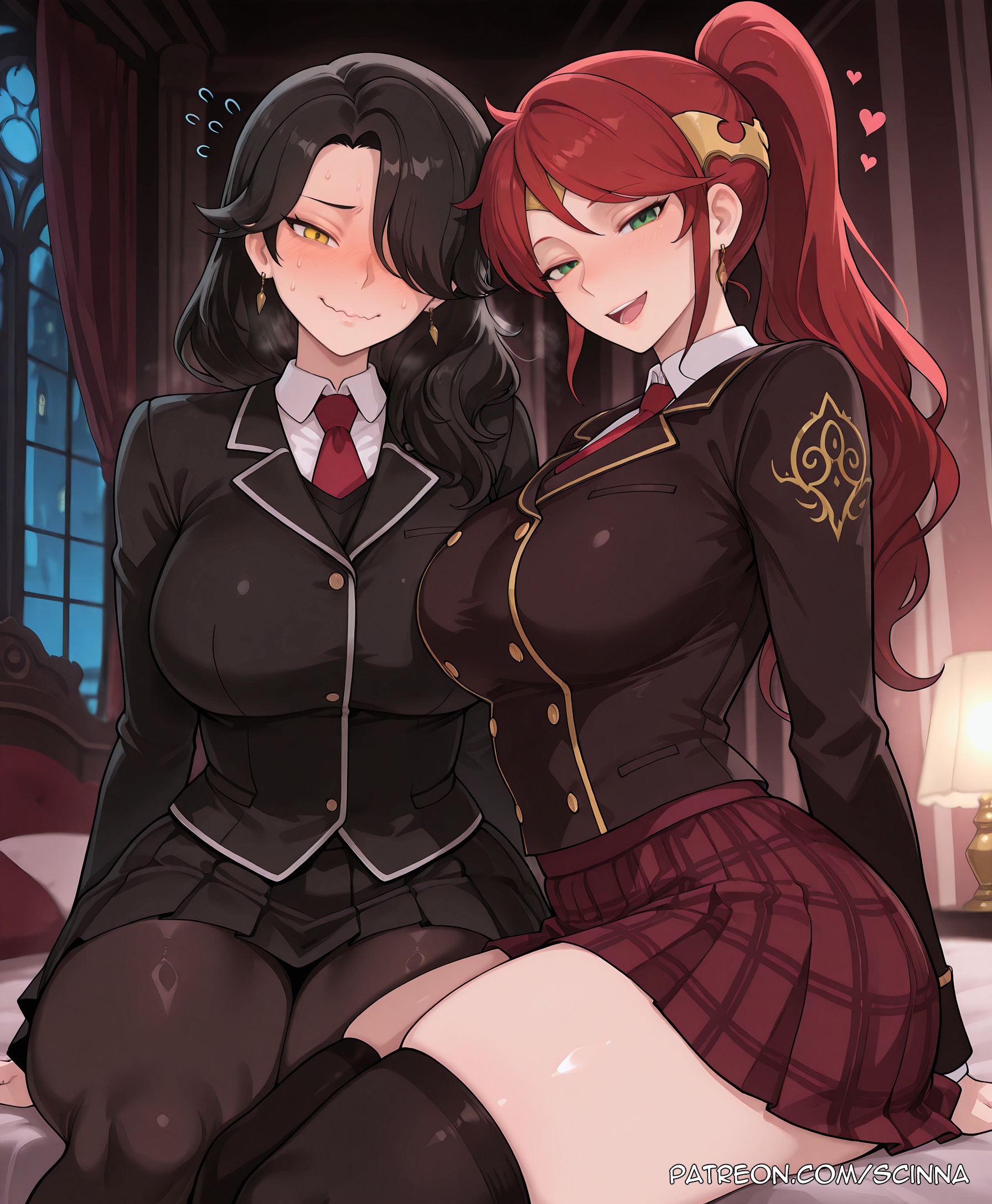 2girls, ai generated, black hair, blush, breasts, cinder fall, curvaceous, curvaceous body, curvy, curvy body, curvy female, earrings, female, flying sweatdrops, green eyes, hair over one eye, heart, jewelry, large breasts, long hair, looking at viewer, multiple girls, open mouth, pyrrha nikos, red hair, rwby, scinna, self upload, sitting, skirt, smile, stable diffusion, thighhighs, voluptuous, voluptuous body, voluptuous female