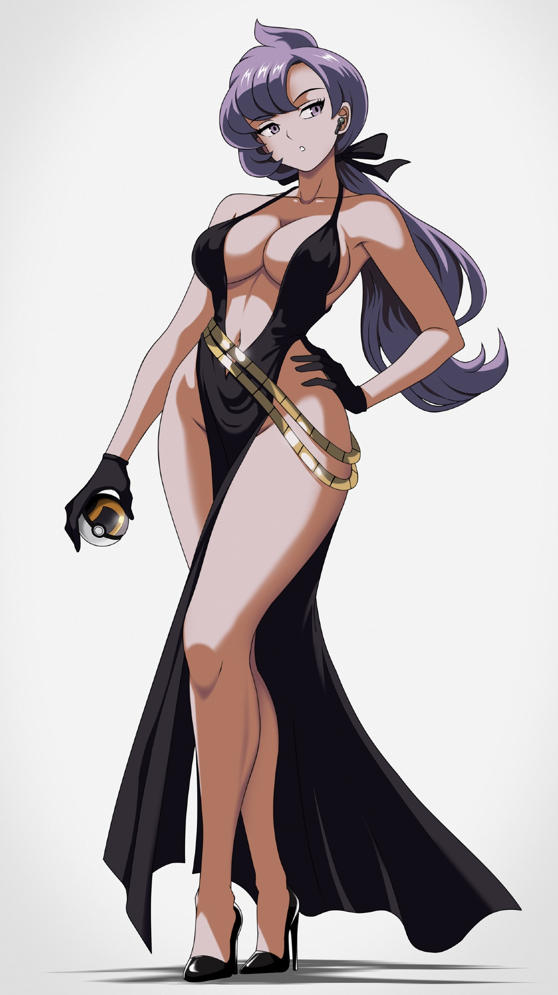 1girls, anabel (pokemon), big breasts, black dress, breasts, cleavage, game freak, hand on hip, high heels, holding object, large breasts, nintendo, no underwear, pokemon, pokemon oras, pokemon rse, ponytail, purple eyes, purple hair, revealing clothes, simple background, solo, ultra ball, vivivoovoo, white background