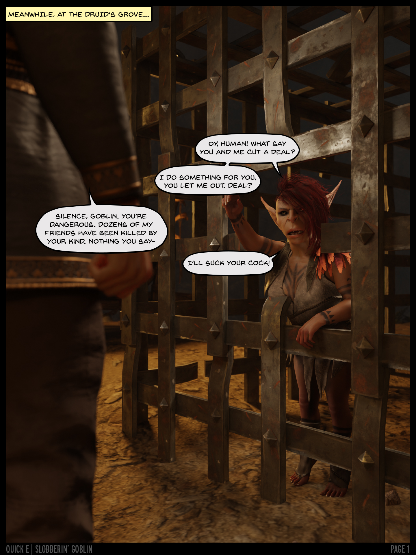 1boy, 1girls, 3d, baldur's gate, baldur's gate 3, comic, dialogue, english text, female, goblin, goblin female, human, interspecies, male, page 1, pointy ears, prisoner, quick e, red hair, sazza, size difference, straight