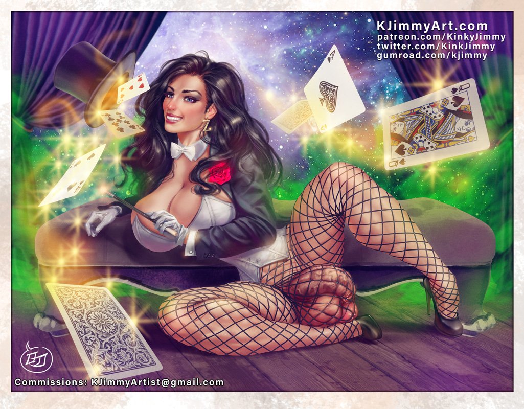 1futa, big balls, big breasts, big penis, black hair, blue eyes, bulge, bulge through clothing, bulge under clothes, dc, dc comics, dickgirl, futa only, futanari, kinkyjimmy, magic, magical girl, solo, solo futa, white gloves, zatanna, zatanna zatara