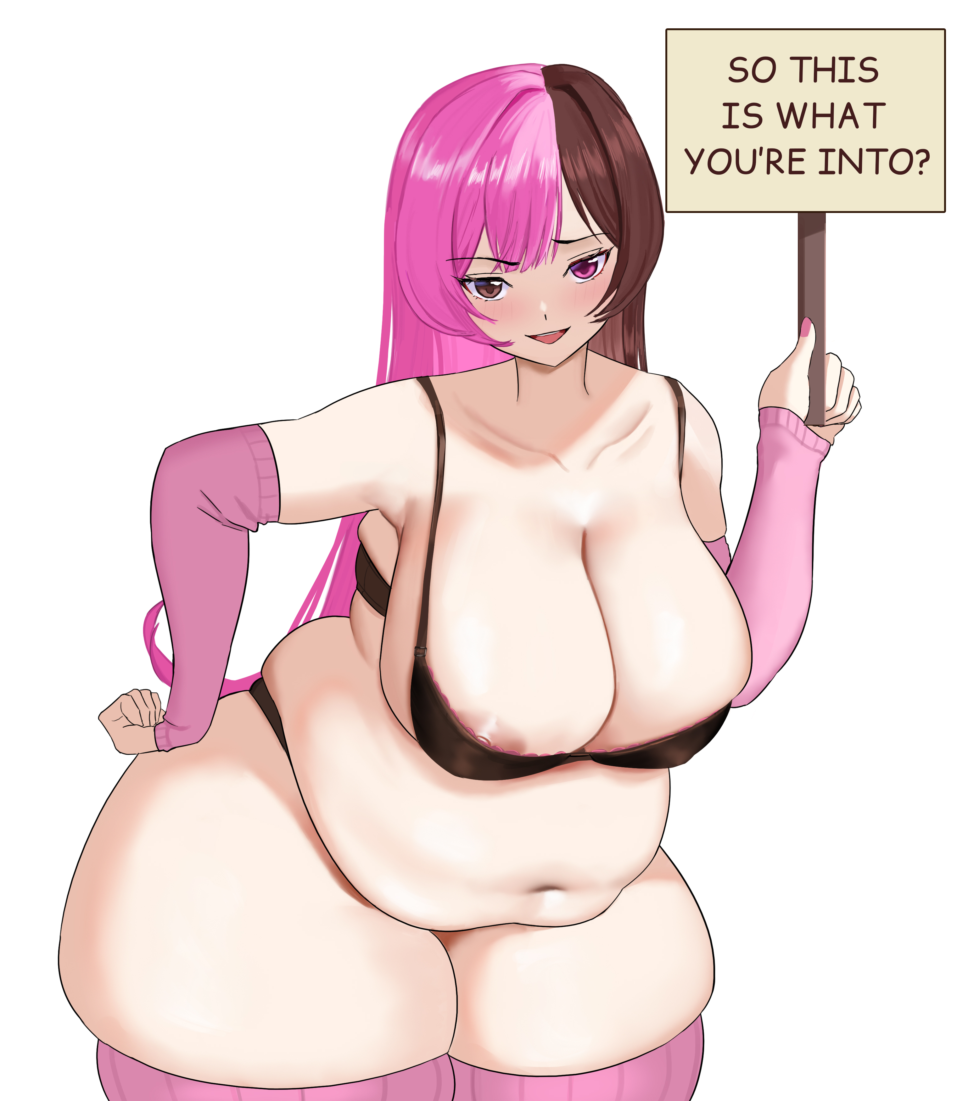 aerolae, areolae, areolae slip, bbw, black bra, black panties, bra, chubby, chubby female, cleavage, female, heterochromia, long hair, looking at viewer, multicolored hair, mute, neo (rwby), neopolitan (rwby), panties, pink thighhighs, rwby, simple background, smug, solo, thighhighs, two-tone hair, underwear, viz media, weight gain, white background