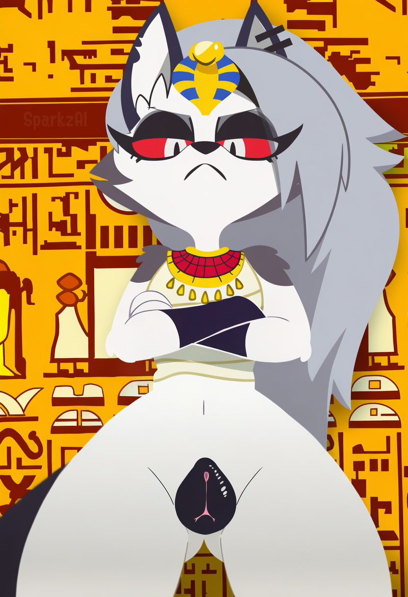 ai generated, animal genitalia, animal pussy, ankha zone, anthro, biped, bottomless, canid, canid demon, canine, canine genitalia, canine pussy, clothed, clothing, crossed arms, demon, dress, ear piercing, ear ring, egyptian, egyptian clothing, female, female anthro, fur, furry, genitals, grey body, grey fur, grey hair, hair, hellaverse, hellhound, helluva boss, hi res, hieroglyphics, looking at viewer, loona (helluva boss), mammal, meme, meme 2026, partially clothed, piercing, pussy, red sclera, ring piercing, signature, solo, white body, white eyes, white fur
