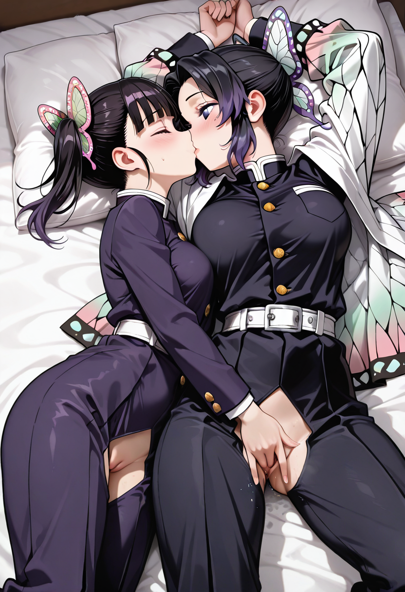 ai generated, demon slayer, female, female focus, female only, fingering, fingers, kimetsu no yaiba, kissing, kochou shinobu, lesbian kiss, lying, lying on back, pussy, pussy juice, romantic, tsuyuri kanao, yuri