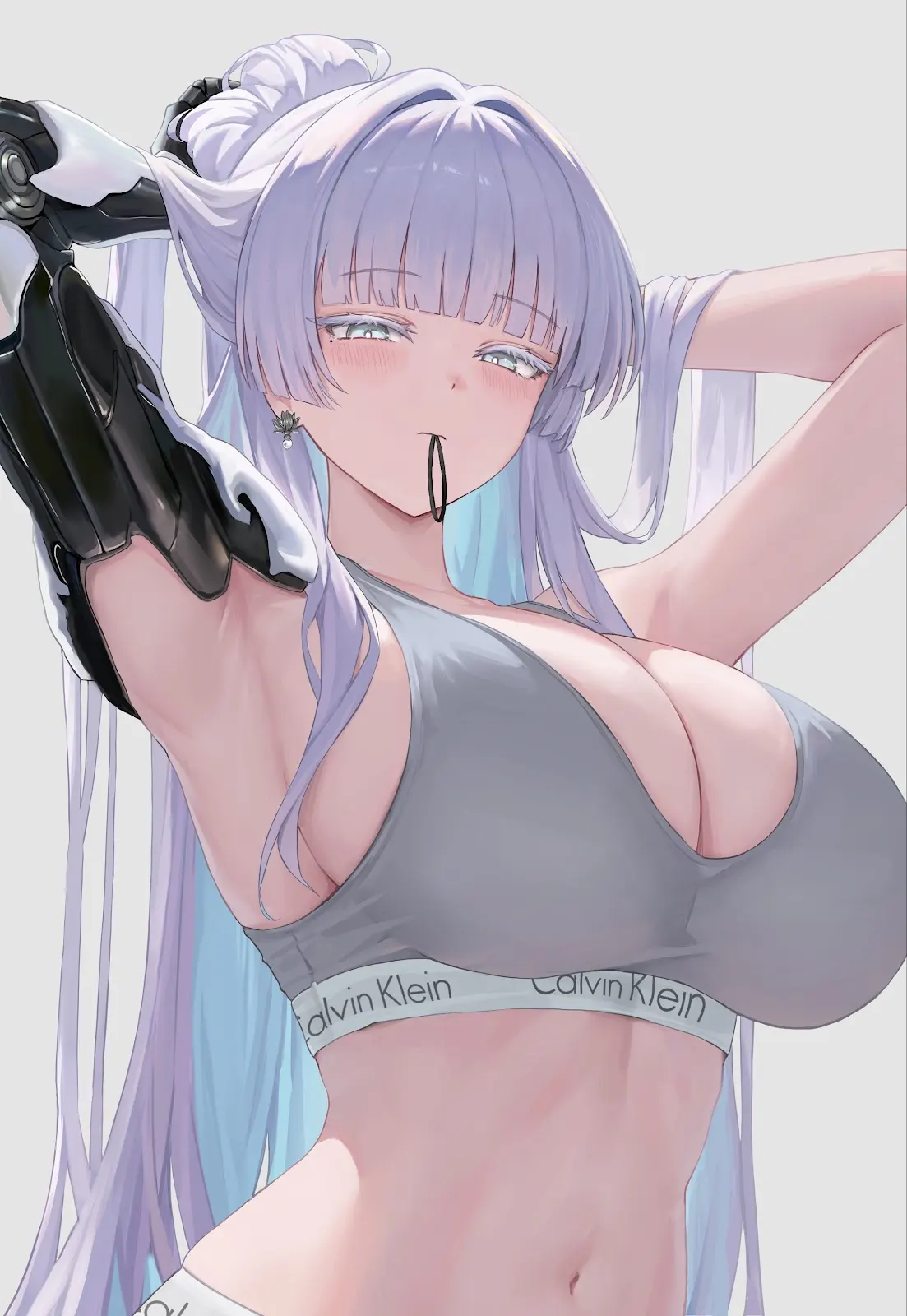 1girls, armpits, artist request, calvin klein, fit female, goddess of victory: nikke, large breasts, light-skinned female, nayuta (nikke), robotic arm, slim waist, solo, source request, tagme, unknown artist, wide hips