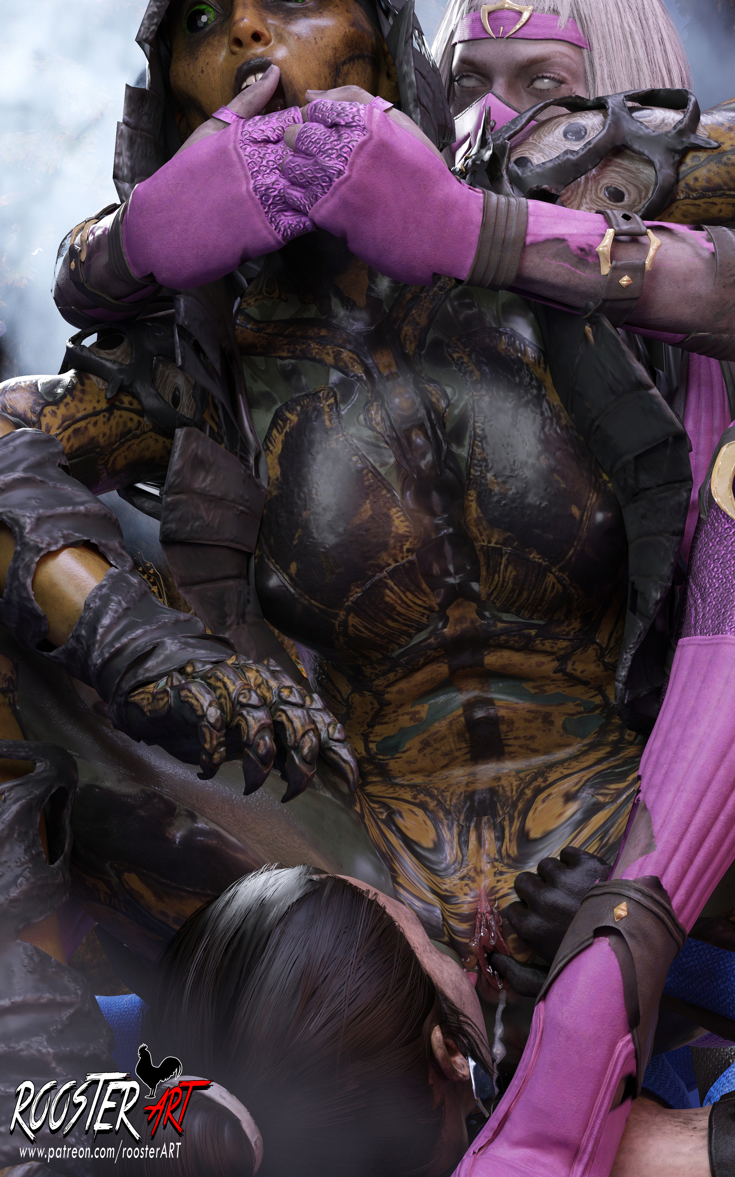 10:16, 3d, 3d (artwork), 3girls, 4k, belly, breasts, d'vorah, dirty, dirty clothes, dirty skin, dripping, dripping pussy, erect nipples, female focus, females only, finger on pussy, khameleon, kitana, medium breasts, monster girl, mortal kombat, nipples, open mouth, patreon, patreon username, pussy, roosterart, screaming, squirt, squirting, tongue, tongue out, torn clothes, torn clothing, vagina, video game, video game character, video game franchise