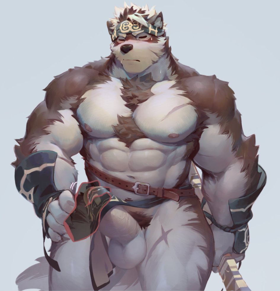 abs anthro balls canine clothing embarrassed erection horkeukamui male male_only mammal muscular muscular_male nipples null-ghost pecs penis solo tokyo_afterschool_summoners wolf