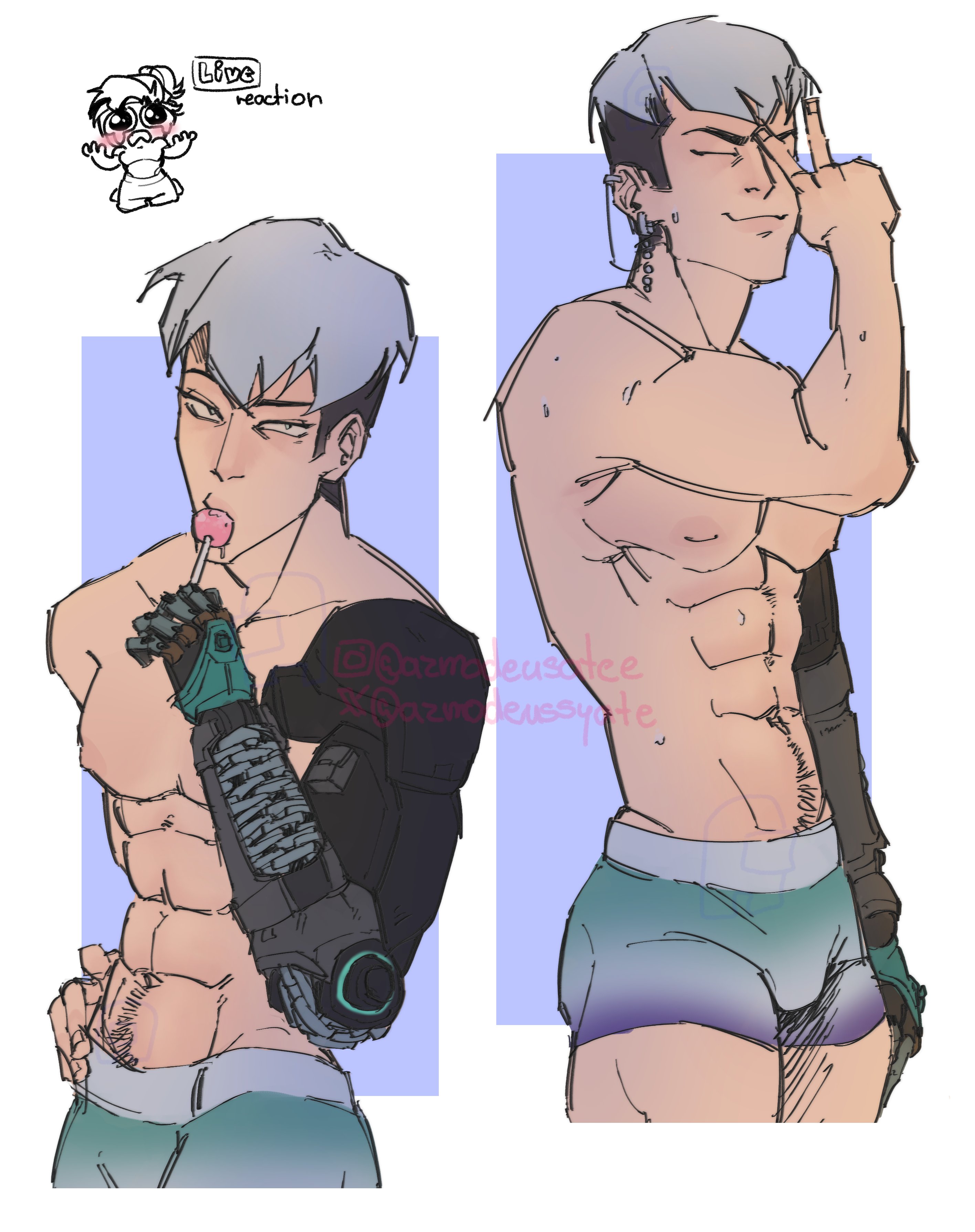 azmodeussyate, fit male, kawano mizuki, lollipop, male, male only, mizuki (overwatch), mizuki kawano, overwatch, shirtless, solo, v sign