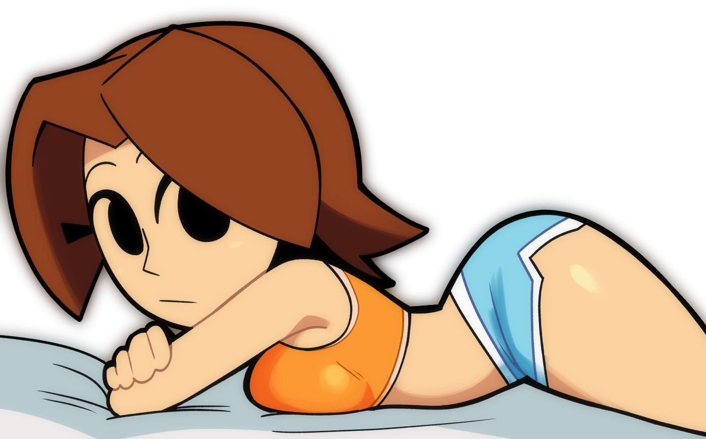 1girls, arms crossed, ass, ass up, black eyes, breasts, brown hair, brunette hair, crossed arms, female, female only, human, laying down, light skin, light-skinned female, looking at viewer, mii, mii gunner, mii gunner (smash 4), mob face, nintendo, orange bra, orange sports bra, scott falco, scottfalco (artist), short shorts, shorts, solo, sports bra, sportswear, super smash bros., super smash bros. for nintendo 3ds and wii u