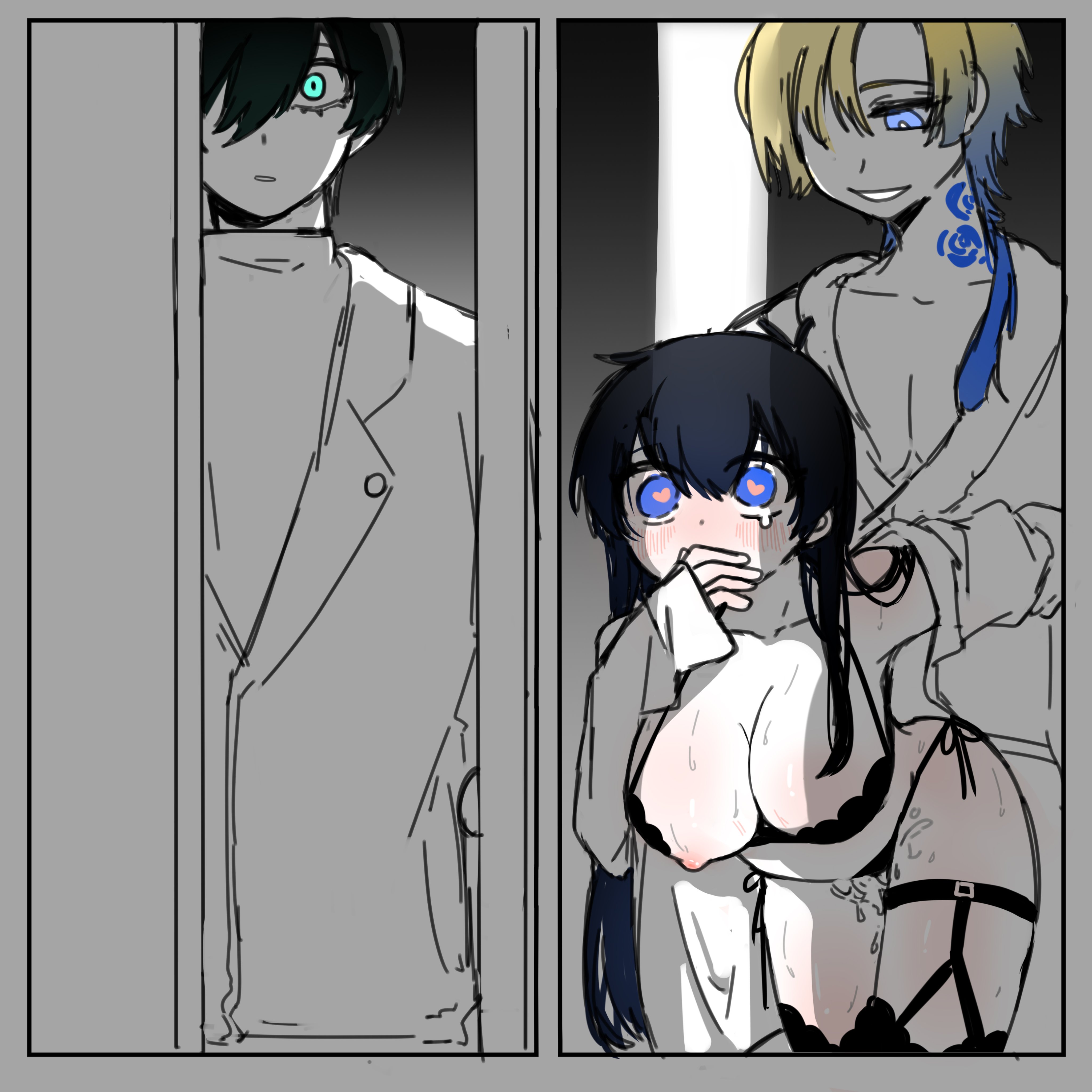 blue lock, blush, caught cheating, cheating, cute, cute face, cute female, european male, gender swap, heart eyes, heart-shaped pupils, isagi yoichi, itoshi rin, japanese female, lingerie, long hair, male/female, michael kaiser, mouth hold, nipples, ntr, pink nipples, rule 63, tattoo, tears, thick hips, thick thighs, unknown artist