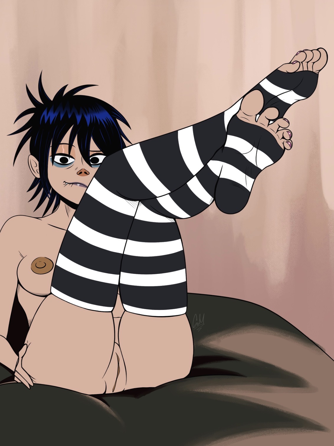 1girls, asian, asian female, black hair, blue highlights, breasts, completely nude, completely nude female, feet, foot fetish, gorillaz, legs up, legwear, lip bite, looking at viewer, nipples, noodle (gorillaz), nude, nude female, on bed, pussy, solo, striped legwear, toenail polish, toes