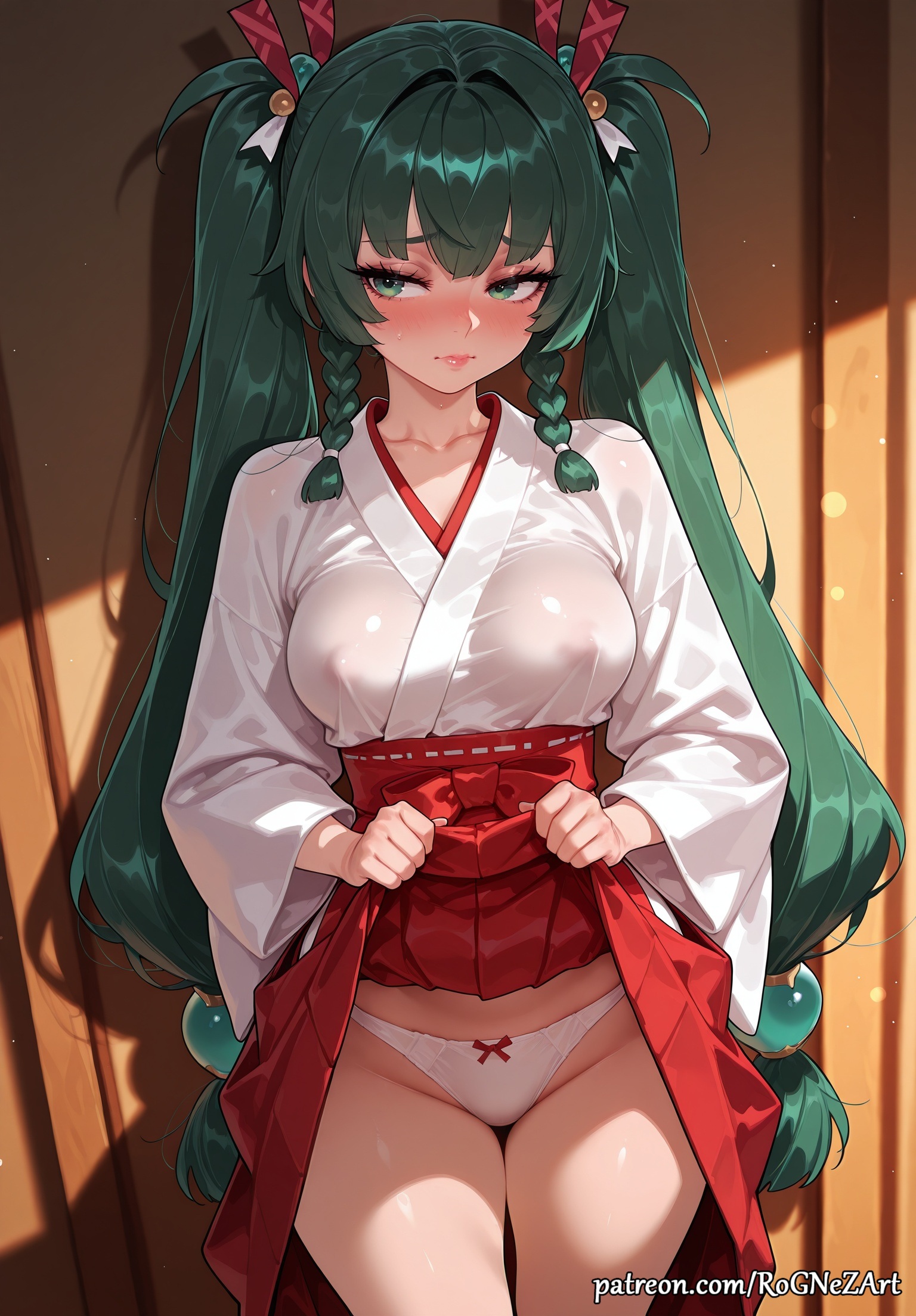 2025, ai generated, anime, bangs, blush, bow, bow panties, braid, braided hair, breasts, cleavage, closed mouth, clothes lift, collarbone, covered nipples, crossover, eye contact, female, female focus, female only, flushed, green eyes, green hair, hair accessory, hair ornament, hakama, hakama skirt, highres, hoyoverse, huge breasts, japanese clothes, large breasts, lifted by self, long hair, long sleeves, looking at viewer, looking away, mihoyo, miko, neutral expression, nsfw, panties, patreon, qingyi (zenless zone zero), red hakama, rognezart, see-through, skirt, skirt lift, solo, twin braids, twintails, underwear, upskirt, very long hair, white panties, wide sleeves, zenless zone zero