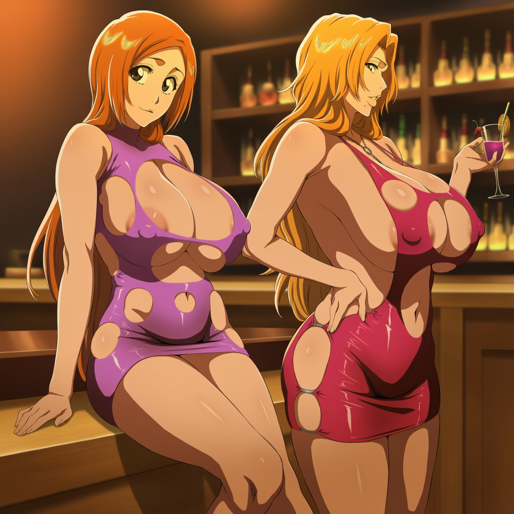 2girls, ai generated, bleach, huge breasts, inoue orihime, matsumoto rangiku