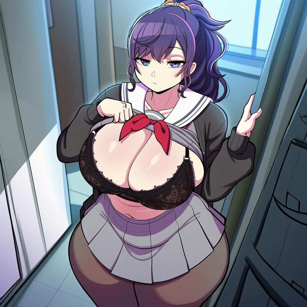 1girls, ai generated, asahina mafuyu, black bra, blank stare, flashing, flashing breasts, high-angle view, huge breasts, lingerie, looking at viewer, miyamasuzaka girls' academy school uniform, navel, novelai, project sekai, school, school uniform, skirt, thick thighs, tights