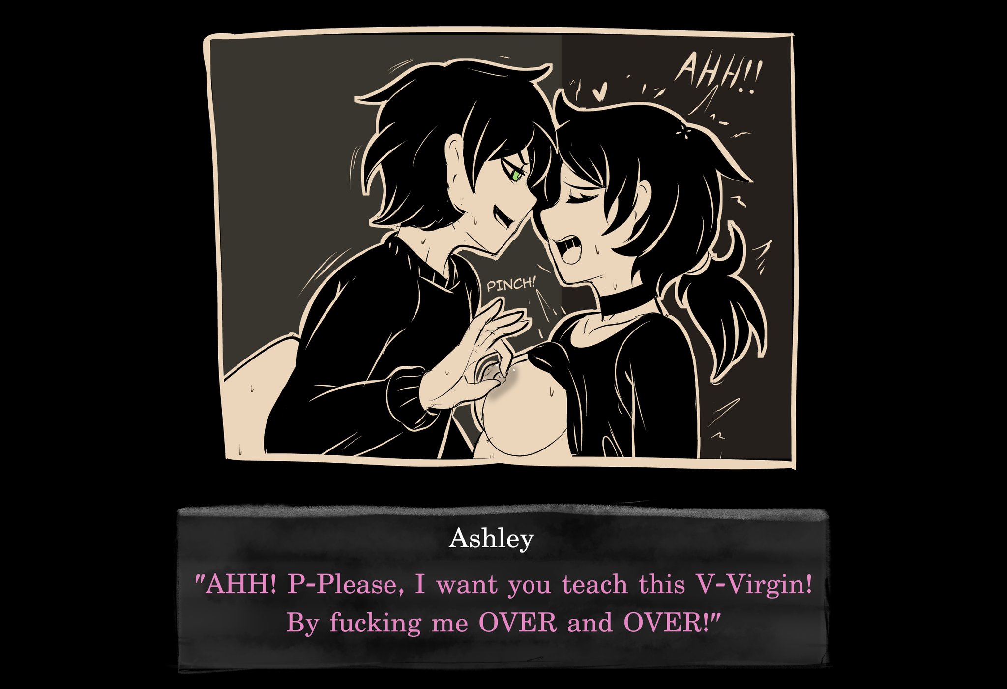 1boy, 1girls, 2d, andrew graves, ashley graves, black hair, breasts, brother and sister, choker, closed eyes, dialogue, english text, female, fuzzlogik, green eyes, incest, male, nipple pinch, nipple play, nipples, pinching nipples, ponytail, shirt lift, siblings, straight, the coffin of andy and leyley