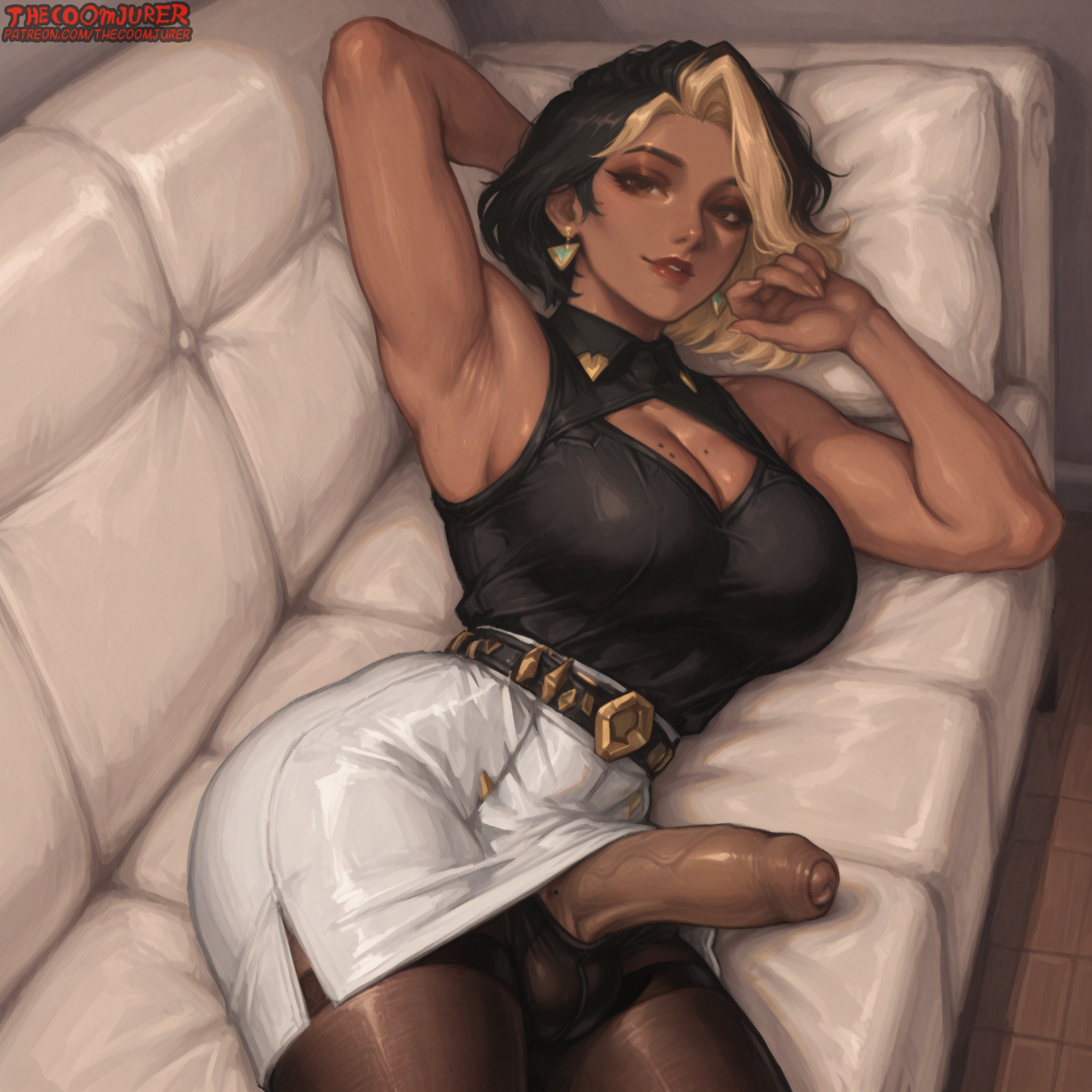absurd res, absurd resolution, ai assisted, ai generated, armpits, arms up, big breasts, big penis, black hair, blonde hair, breasts, cleavage, cleavage cutout, cock keyhole clothing, curvaceous, curvaceous figure, curvy, curvy body, curvy figure, dark-skinned female, dark-skinned futa, dickgirl, domina, foreskin, futanari, hair, high resolution, highres, imminent fellatio, imminent oral, large breasts, large penis, large thighs, looking at viewer, more at source, overwatch, overwatch 2, partially clothed, penis, pent up, short hair, skirt, skirt lift, testicles, thecoomjurer, thick, thick thighs, thighs, throbbing penis, two-tone hair, wide hips