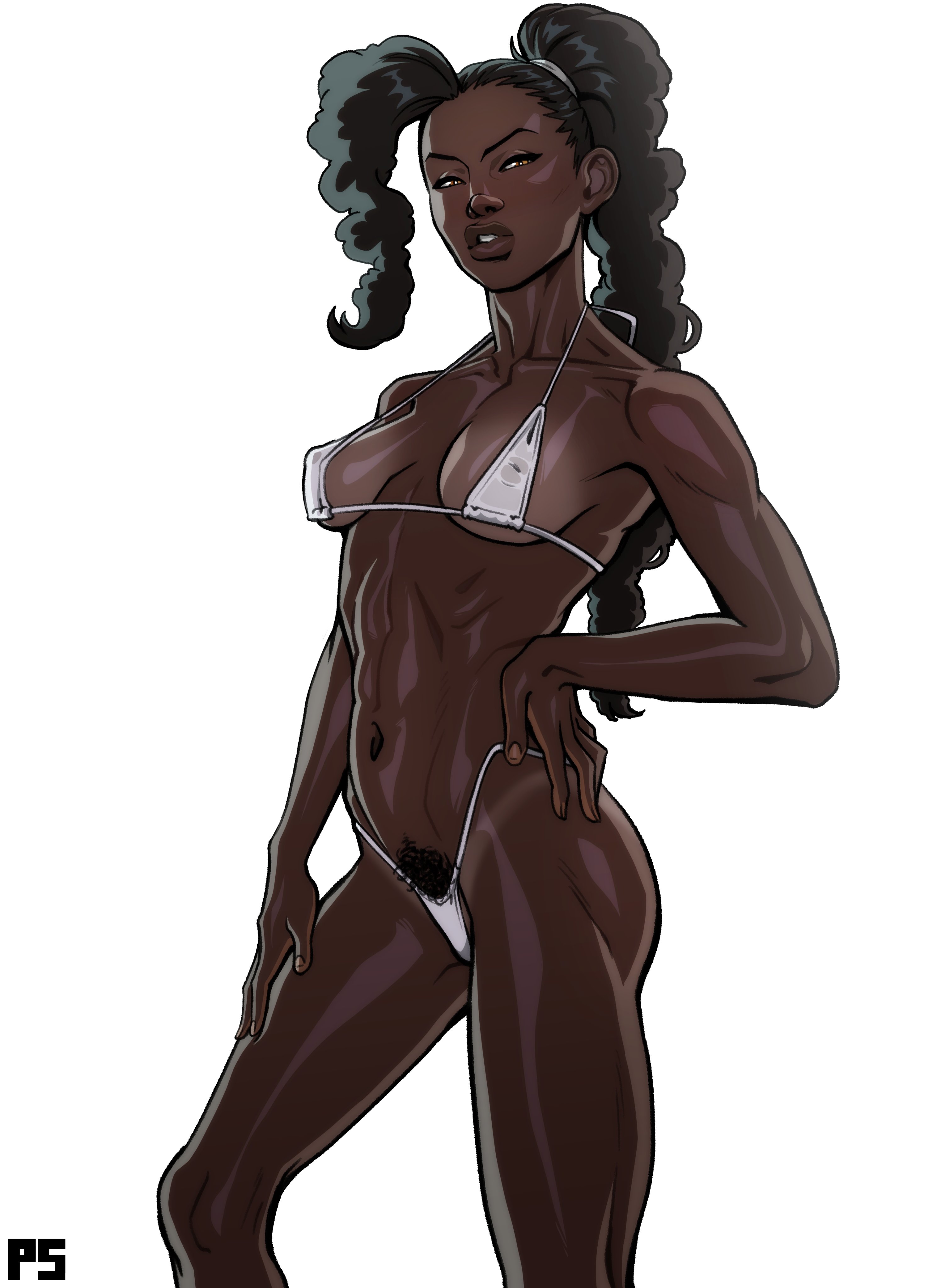 1girls, 2026, absurd res, ass, athletic, athletic female, belly button, big lips, bikini, black hair, breasts, brown eyes, clothed, clothed female, clothing, countershade hands, countershading, curly hair, dark skin, dark-skinned female, ebony, ebony female, female, fit, fit female, front view, fully clothed, hair, hand on hip, hi res, human, kayla gibson, long hair, medium breasts, navel, nipple bulge, original, original character, plump lips, ponytail, pubic hair, pumpkinsinclair, signature, simple background, skimpy, skimpy clothes, slim, solo, standing, stomach, tanline, thick lips, thighs, three-quarter portrait, white background, white bikini, white clothing