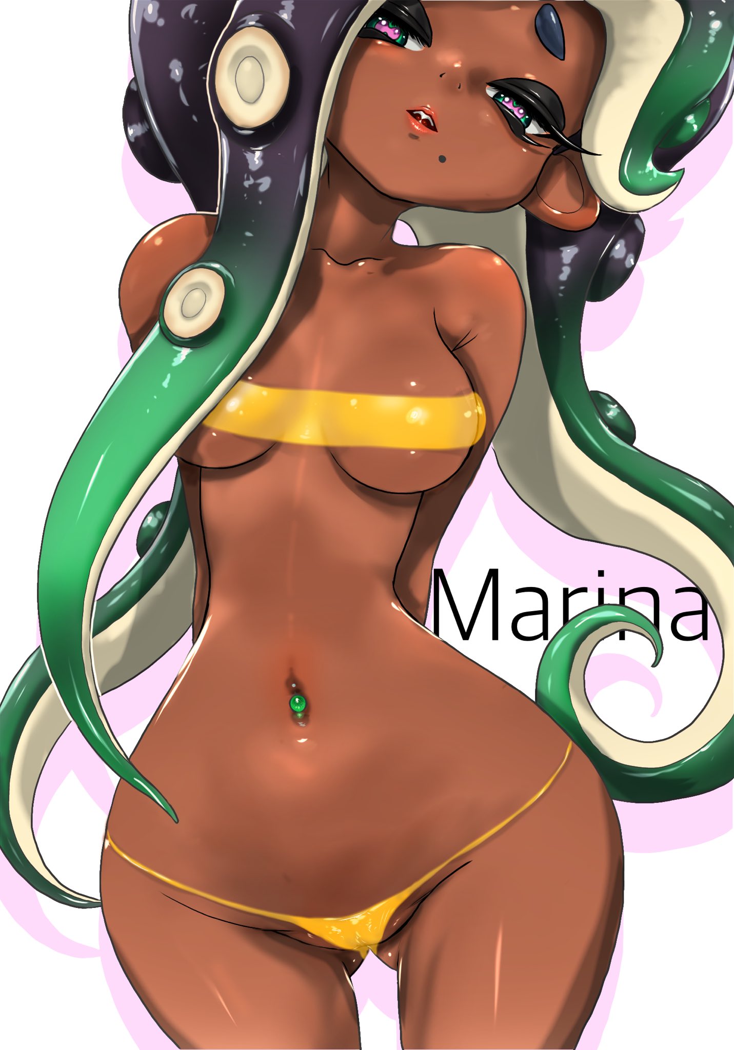1girls, arms behind back, bikini, breasts, character name, female, female focus, koharuno2, large breasts, marina (splatoon), octoling, octoling girl, off the hook (splatoon), simple background, solo female, splatoon, splatoon (series), splatoon 2, tagme, tentacle hair, white background