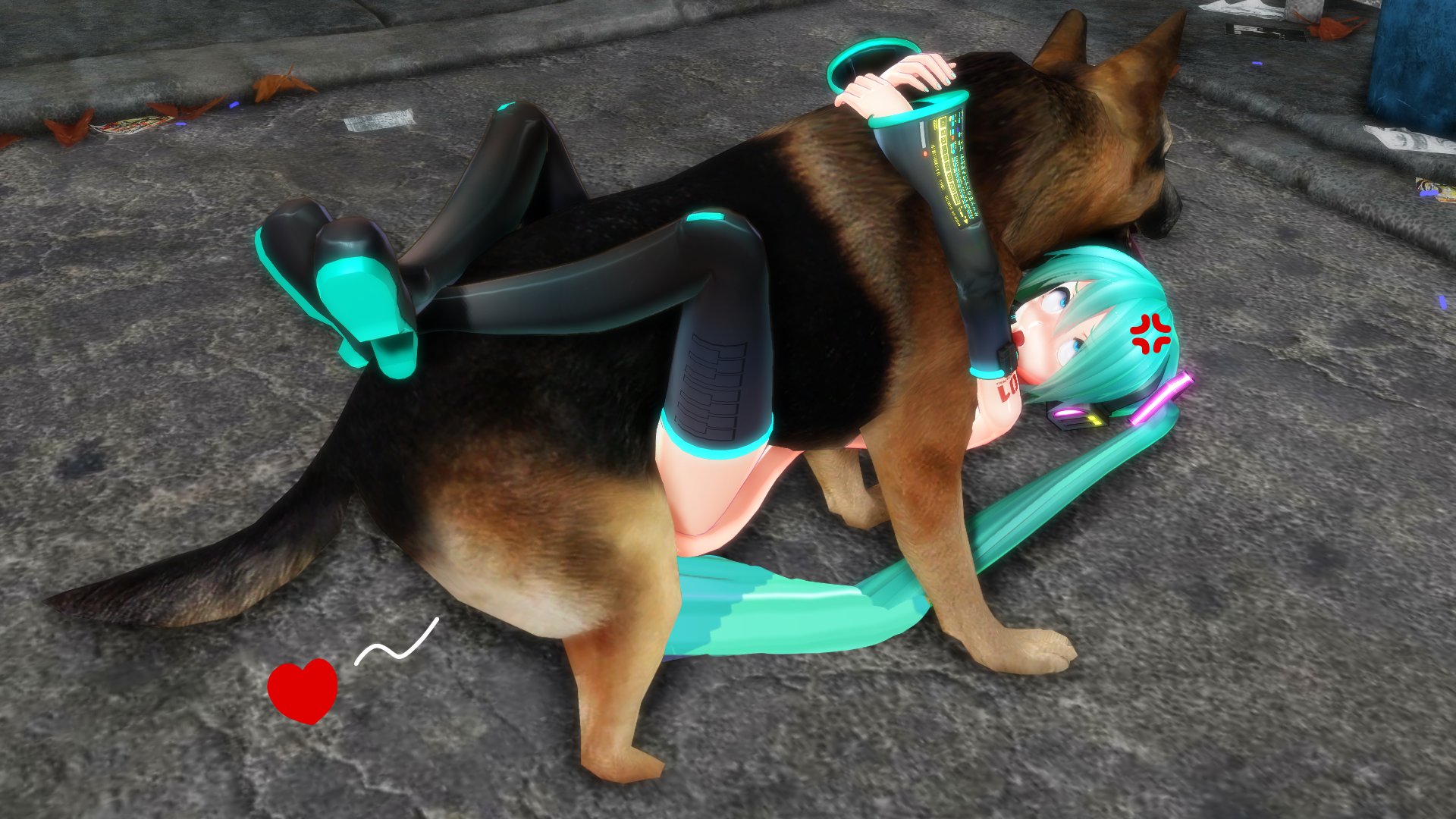 1girl, 3d, 3d (artwork), 3d render, ahe gao, anger vein, angry, animal, aqua eyes, aqua hair, bestiality, blue eyes, blue hair, boots, canine, canine on human, detached sleeves, dog, female human/male feral, female on feral, feral, feral on female, feral on human, feral penetrating, feral penetrating human, hatsune miku, heart, hetero, human female, human on feral, human penetrated, leg lock, legs around partner, long hair, loving it, lying, mikumikudance, missionary, missionary position, mmd, naked, naked female, nude, on back, open mouth, pale-skinned female, photo background, sex, thigh boots, thighhighs, twintails, very long hair, vocaloid, yokudex, zoophilia