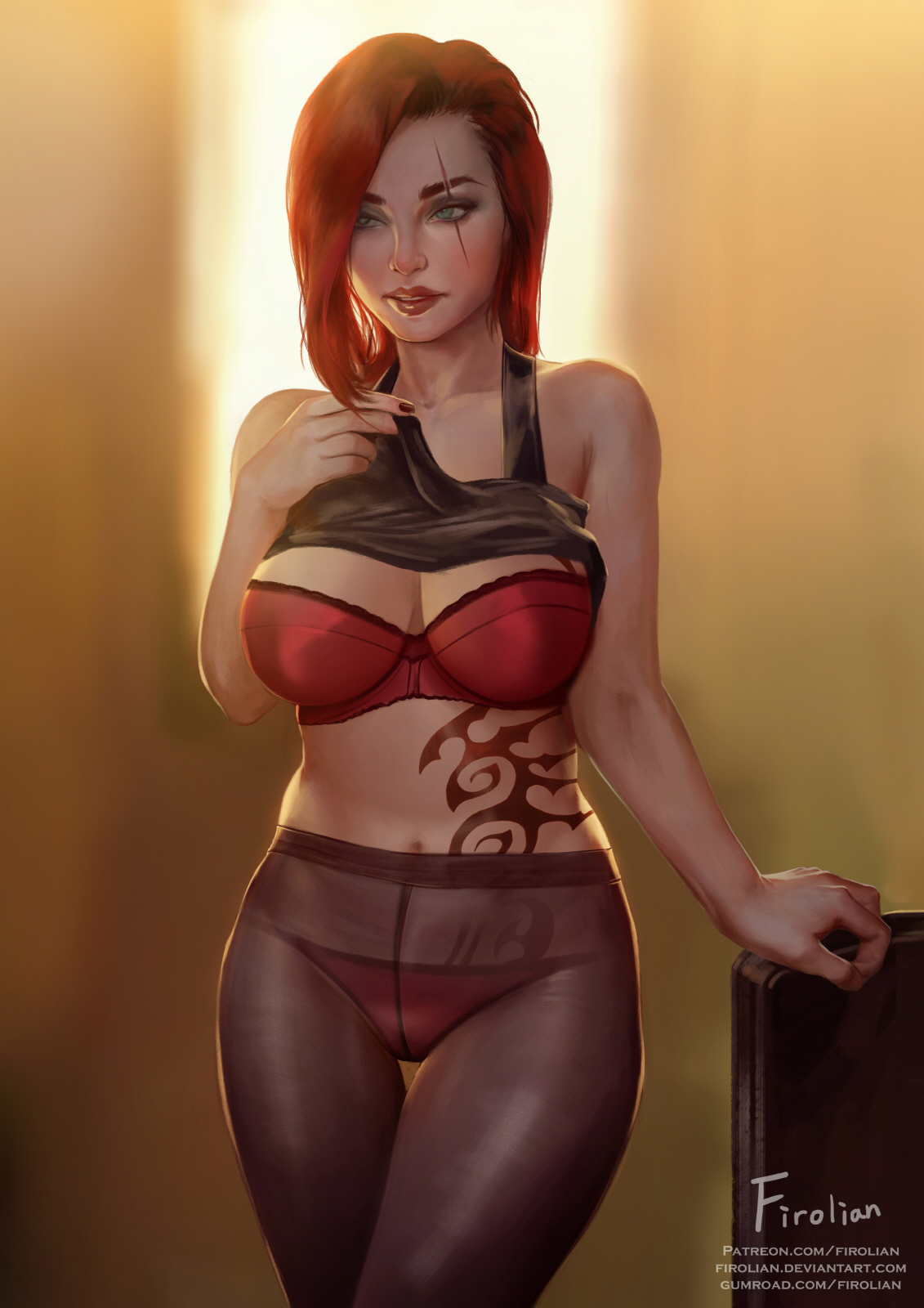 bra, breasts, cleavage, female, female only, firolian, katarina du couteau, league of legends, panties, pantyhose, red hair, red panties, shirt lift, solo
