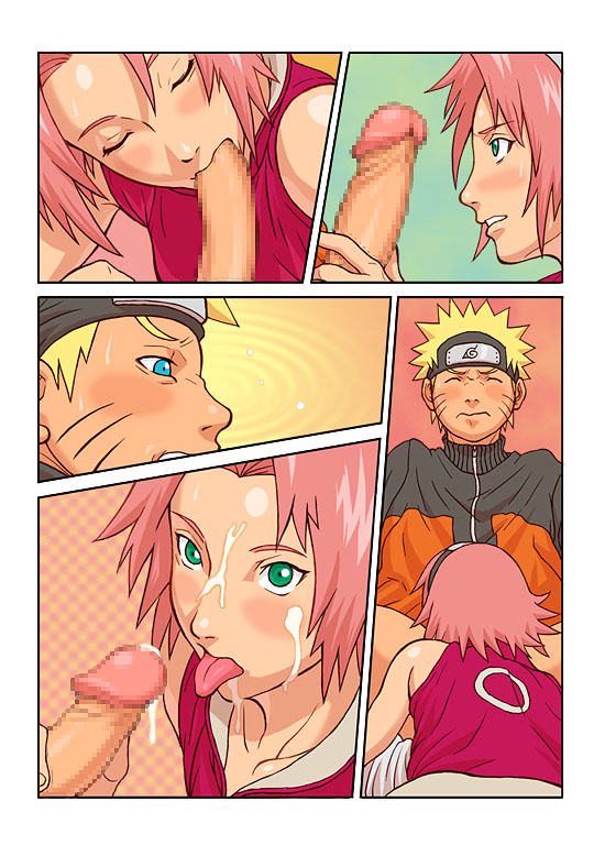 1boy 1girls blonde_hair blue_eyes blush censored closed_eyes comic cum drooling facial fellatio female forehead_protector green_eyes human male naruto naruto_shippuden oral penis pink_hair sakura_haruno saliva short_hair silent_comic straight sucking_penis sweat tongue uzumaki_naruto yamamiya_hiroshi