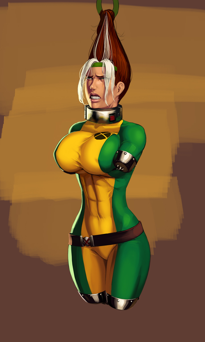 1girls, aka6, amputee, anna marie, belt, big breasts, breasts, brown hair, collar, costume, female, female only, held by hair, long hair, marvel, marvel comics, nipples, quadruple amputee, rogue (x-men), solo, suspended, tagme, torture, white hair, x-men